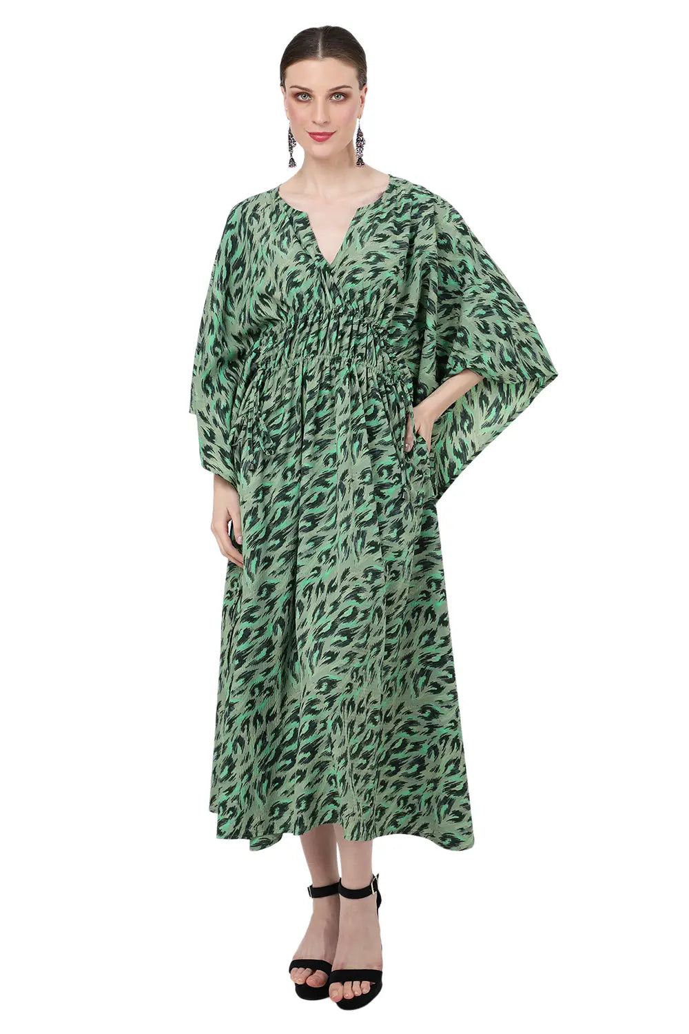 Poly Crepe Midi Kaftan Dress with Elasticated Waist, Pockets & Batwing Sleeves, Safari Print