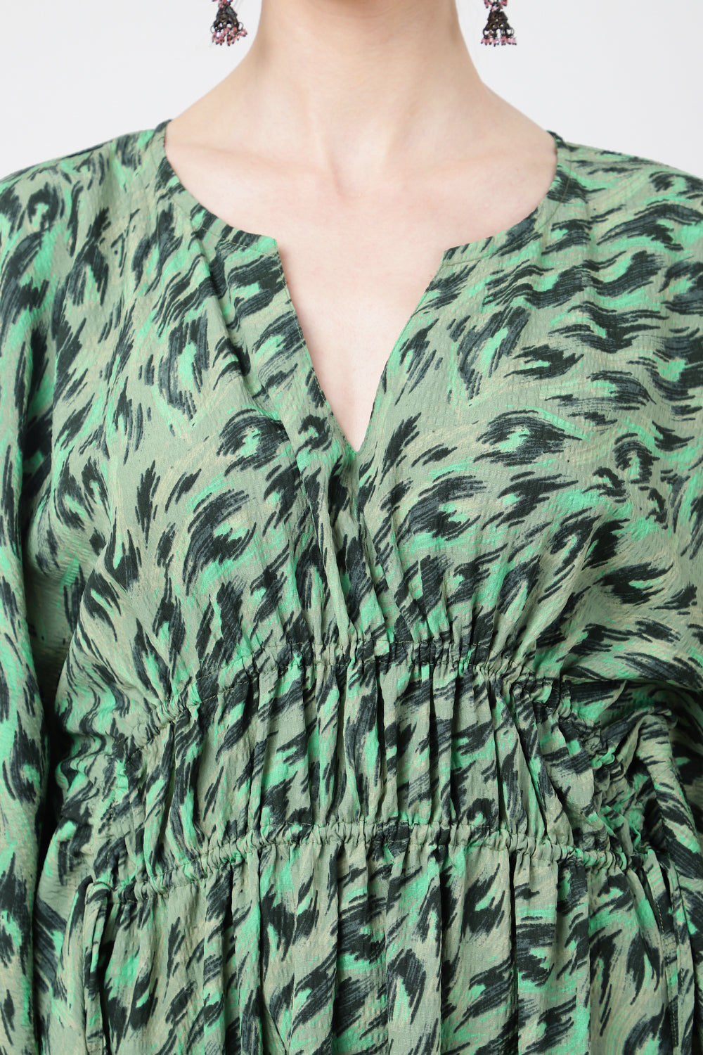 Poly Crepe Midi Kaftan Dress with Elasticated Waist, Pockets & Batwing Sleeves, Safari Print