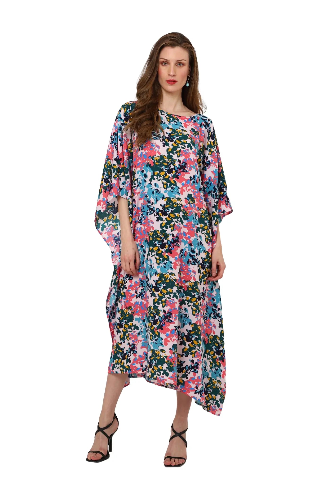 Floral Poly Crepe Kaftan Dress with Pockets – Midi/Maxi Resort Style