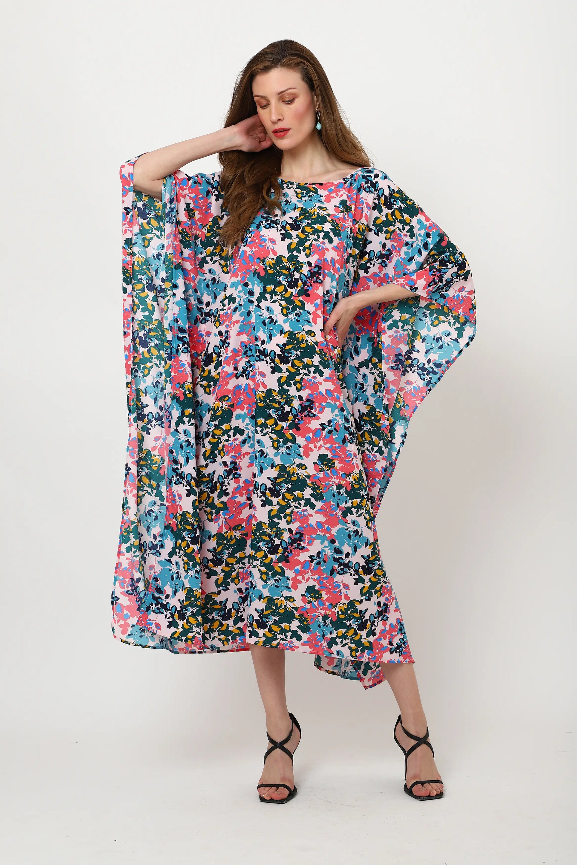 Floral Poly Crepe Kaftan Dress with Pockets – Midi/Maxi Resort Style