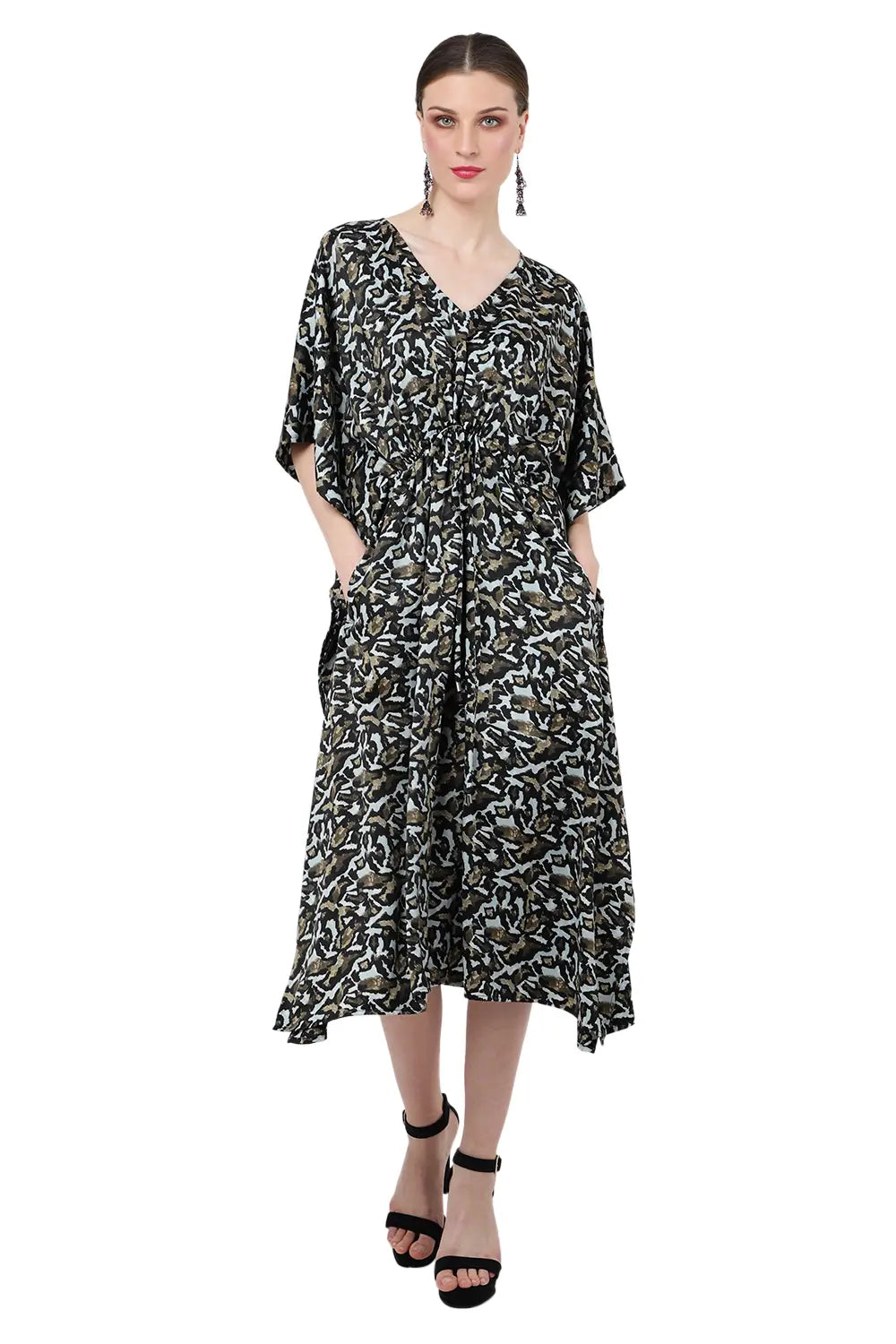 Poly Crepe Midi Kaftan Dress with Elasticated Waist, Pockets & Batwing Sleeves, Safari Print