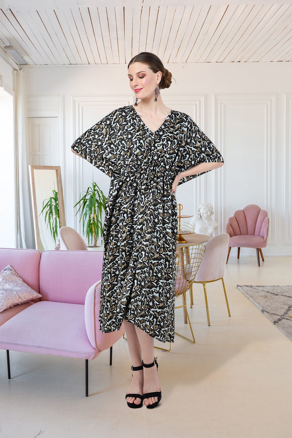 Poly Crepe Midi Kaftan Dress with Elasticated Waist, Pockets & Batwing Sleeves, Safari Print