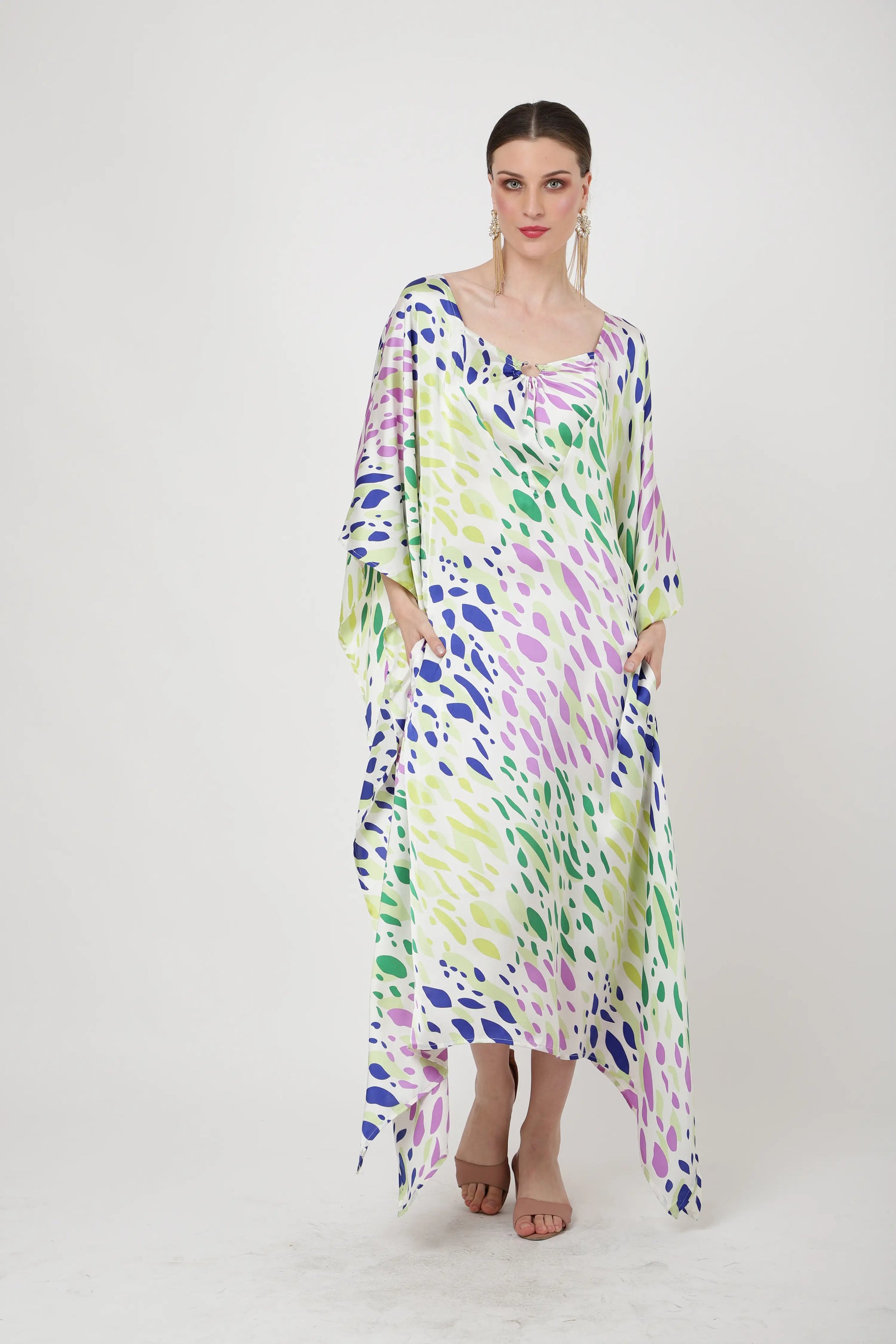 Poly Crepe Kaftan Dress with Pockets – Midi/Maxi Resort Style