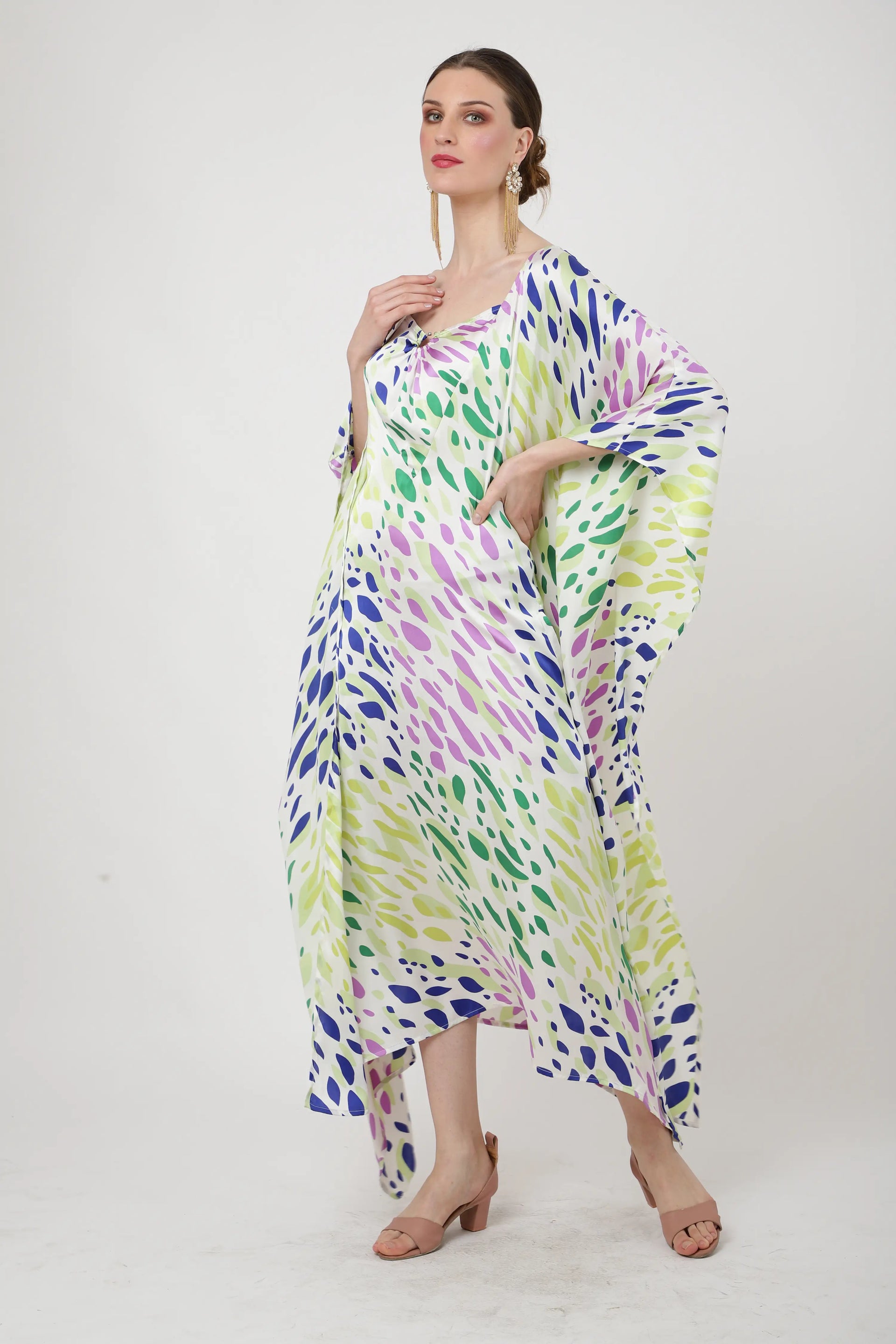 Poly Crepe Kaftan Dress with Pockets – Midi/Maxi Resort Style