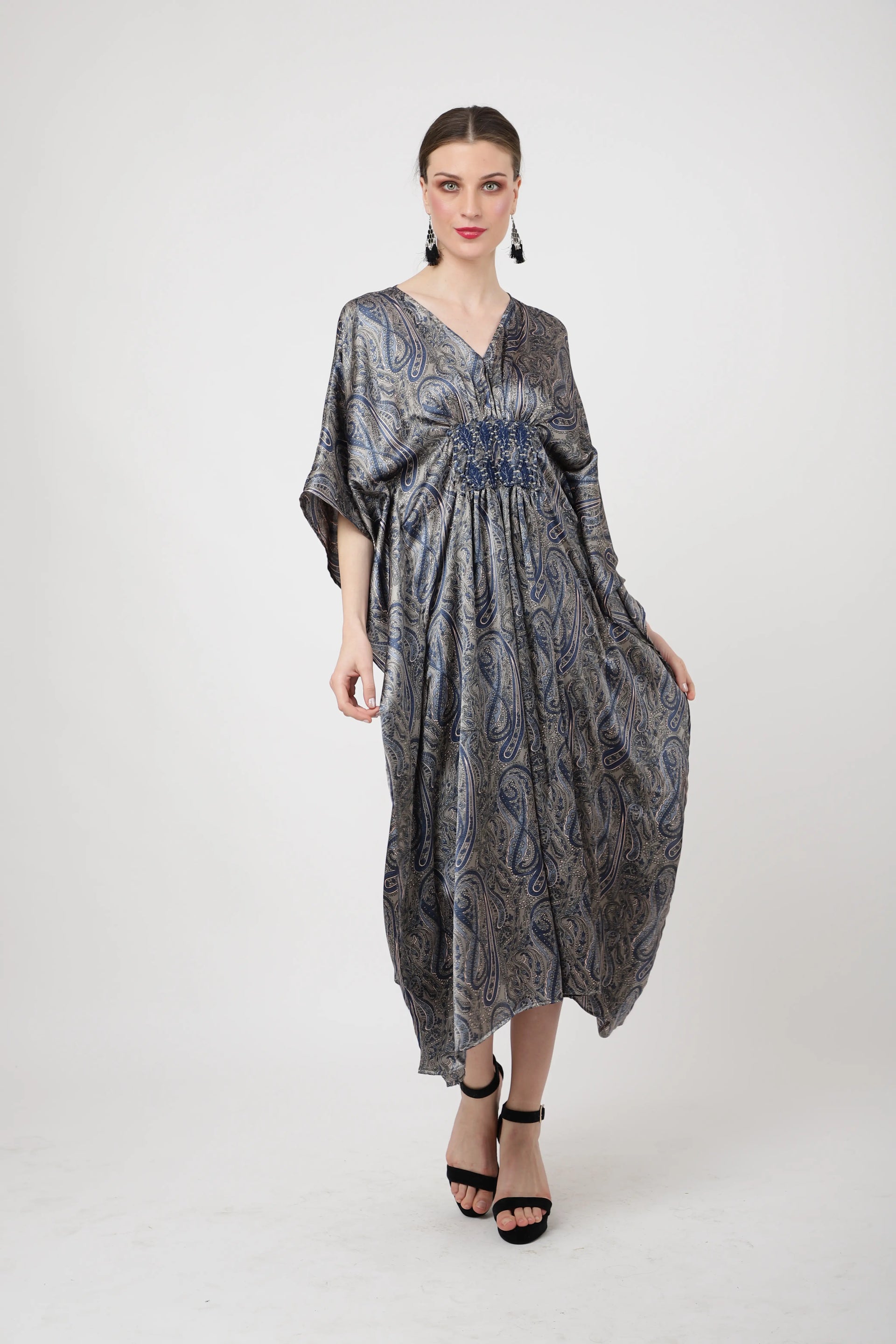 Paisley Print Poly Crepe Kaftan Dress with Elasticated Waist & Pockets