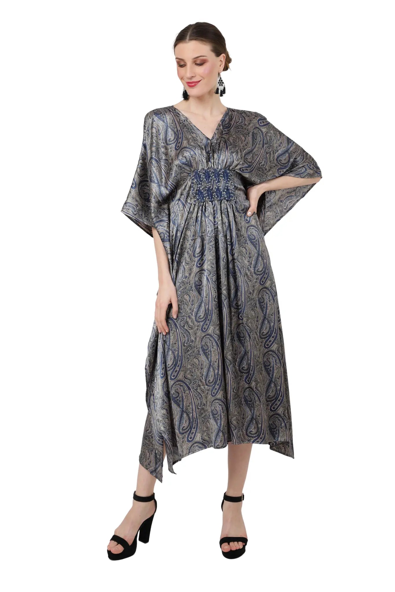 Paisley Print Poly Crepe Kaftan Dress with Elasticated Waist & Pockets