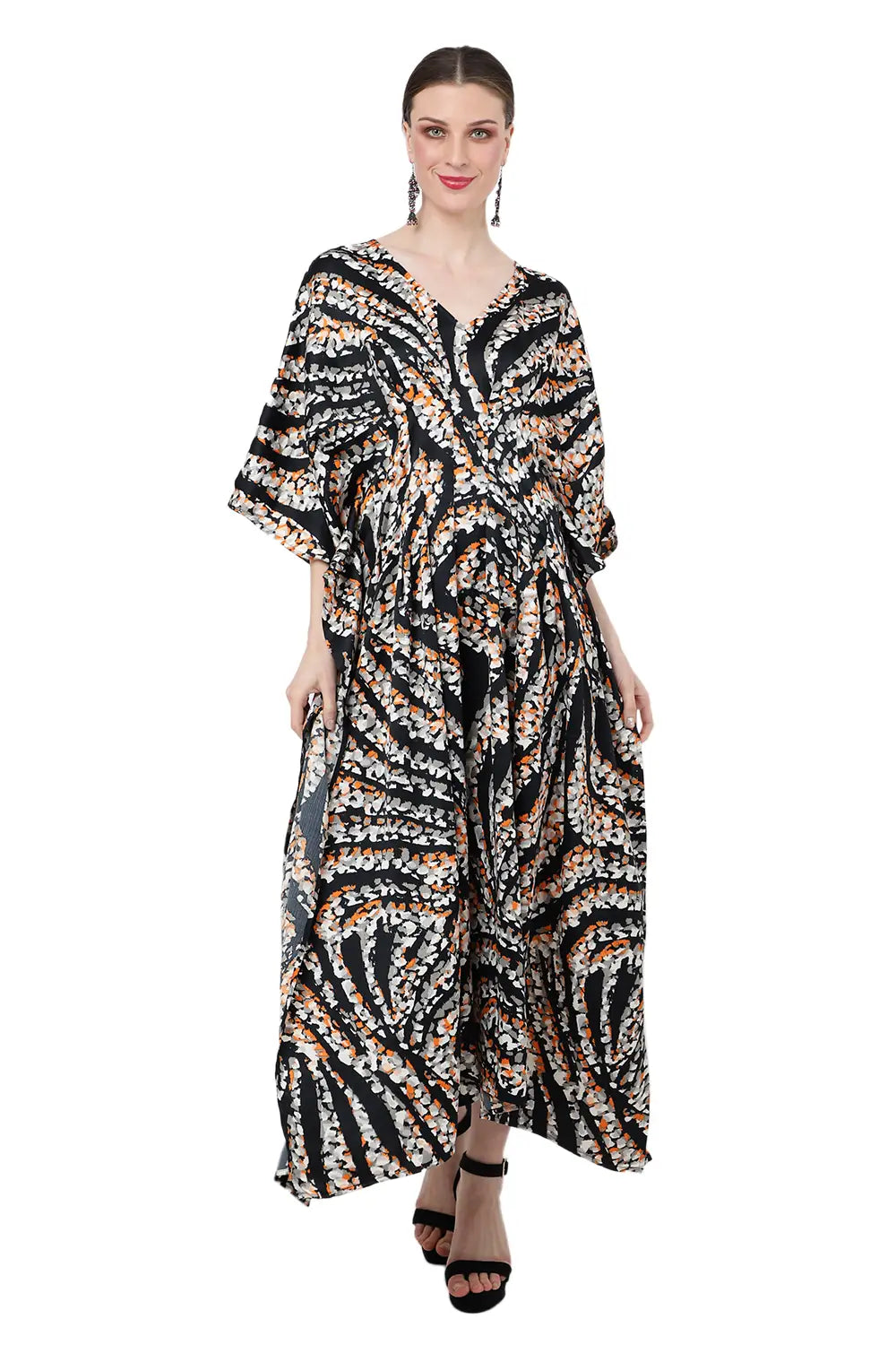 kaftan dresses for women v shaped neckline and pleating detail at the waist zebra print s to 3xl