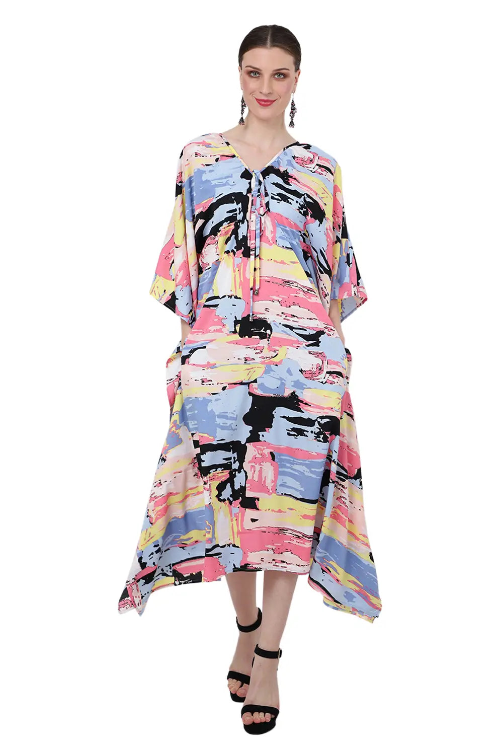 collar having gathers in the neckline with tie strings kaftan dress geometry abstract s to 3xl