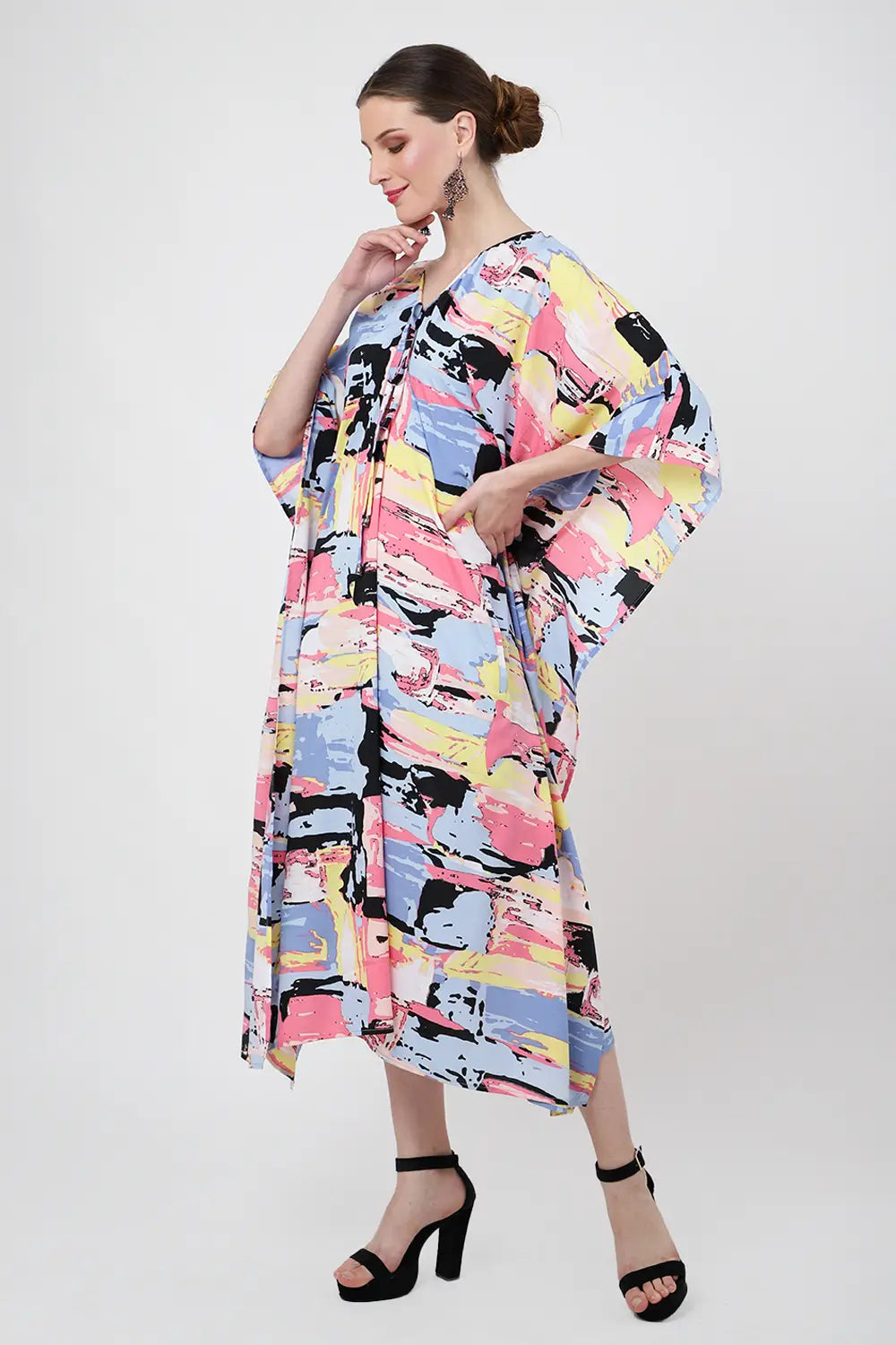 collar having gathers in the neckline with tie strings kaftan dress geometry abstract s to 3xl