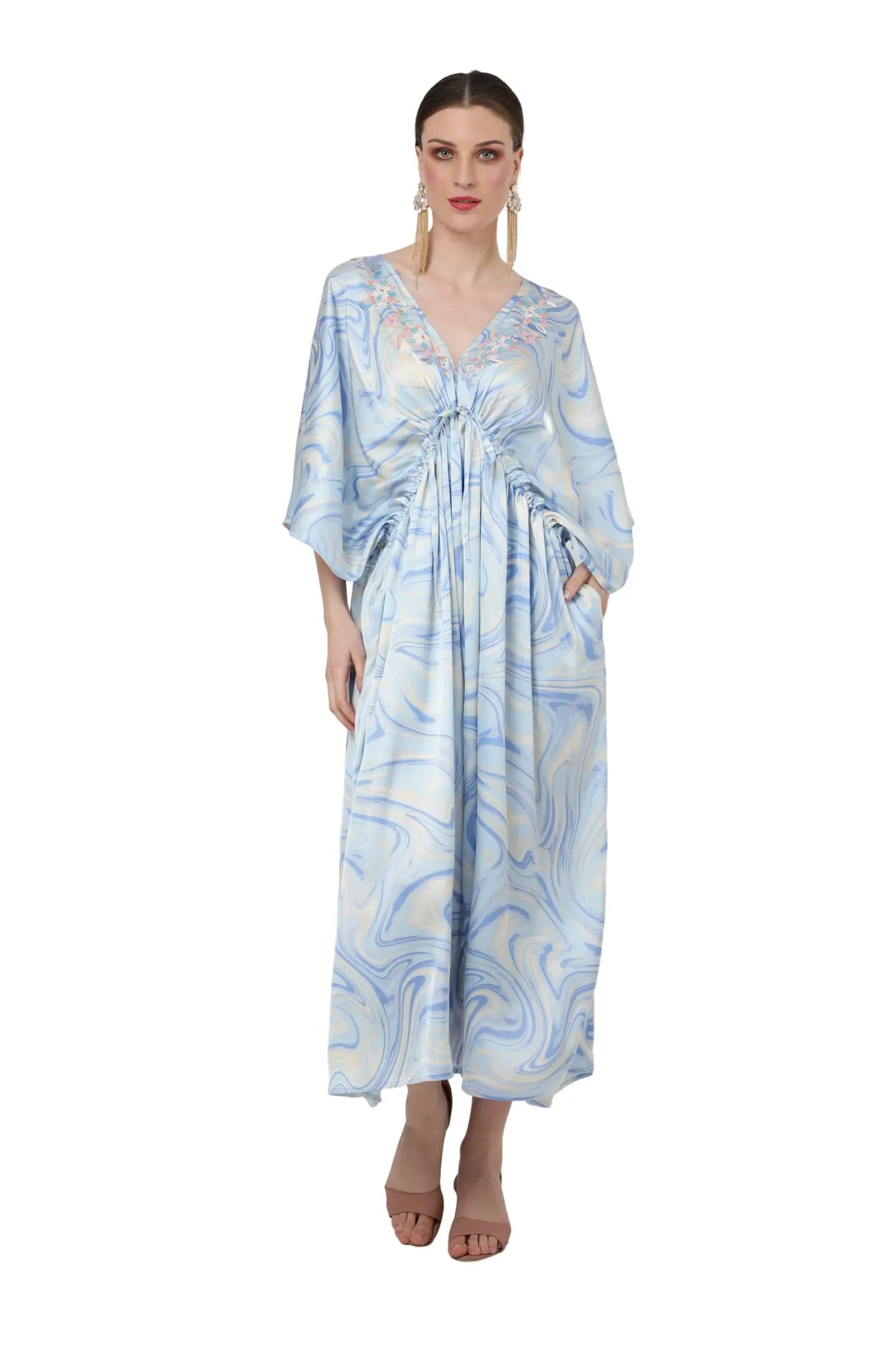 Paint Splatter Poly Crepe Kaftan Dress with Elasticated Waist & Pockets