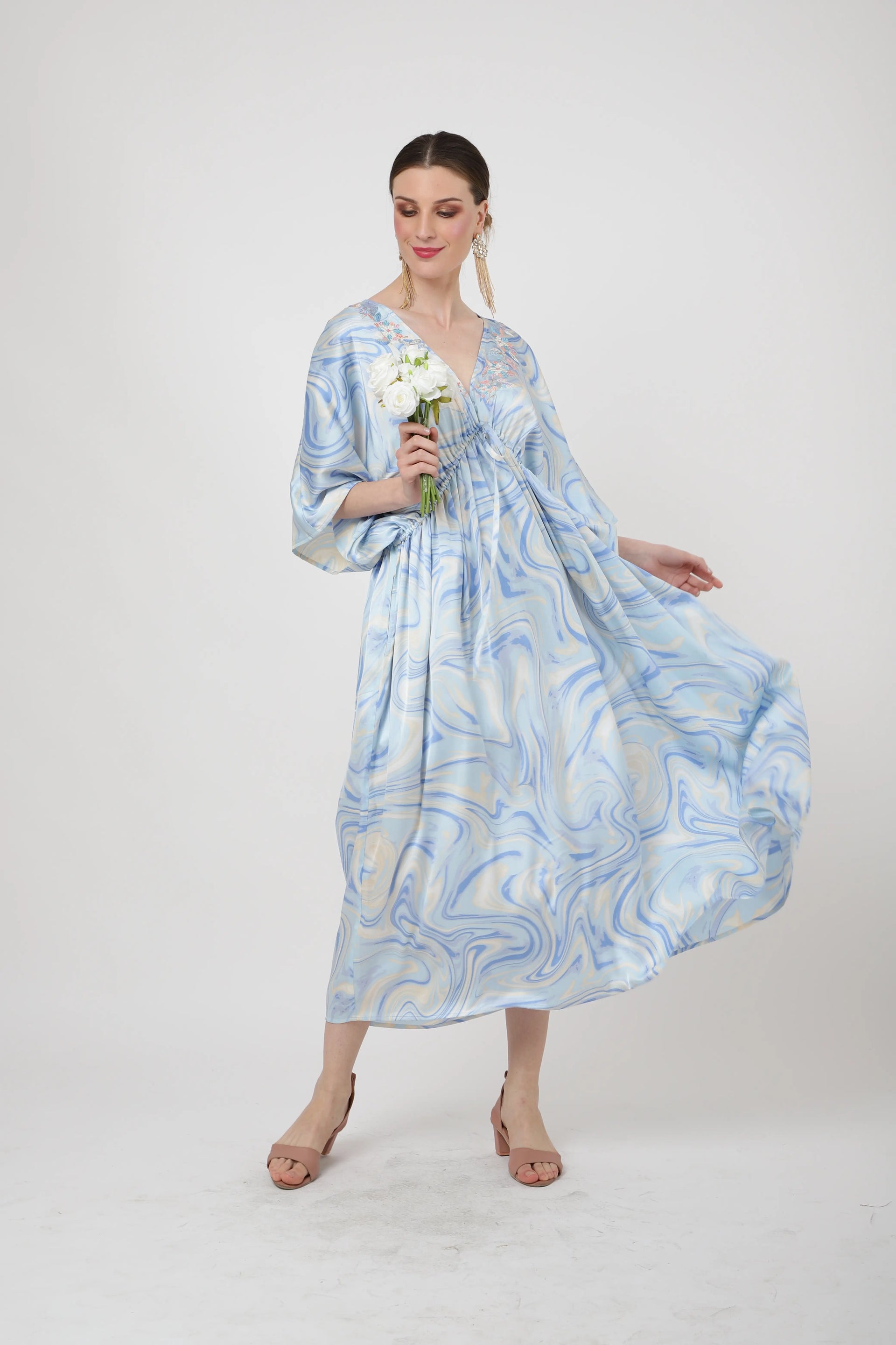 Paint Splatter Poly Crepe Kaftan Dress with Elasticated Waist & Pockets