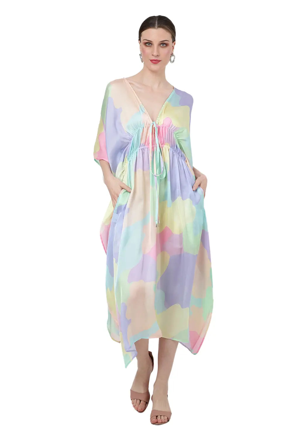 Paint Splatter Poly Crepe Kaftan Dress with Elasticated Waist & Pockets
