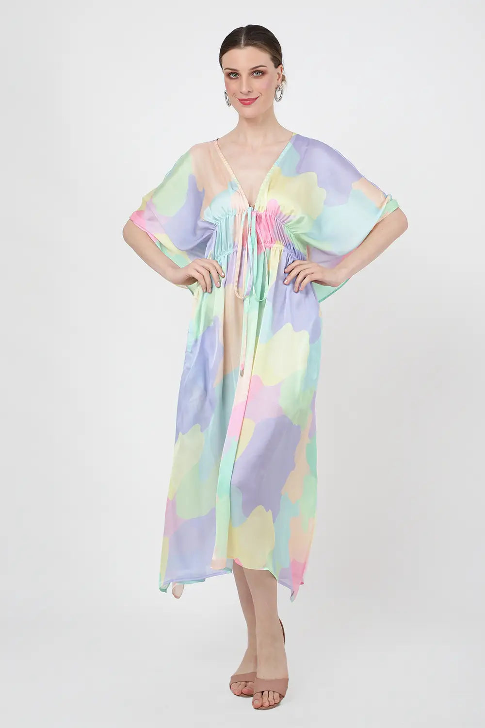 Paint Splatter Poly Crepe Kaftan Dress with Elasticated Waist & Pockets