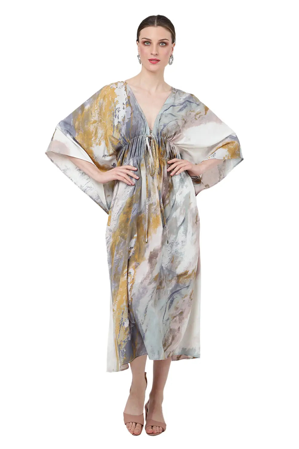 Paint Splatter Poly Crepe Kaftan Dress with Elasticated Waist & Pockets