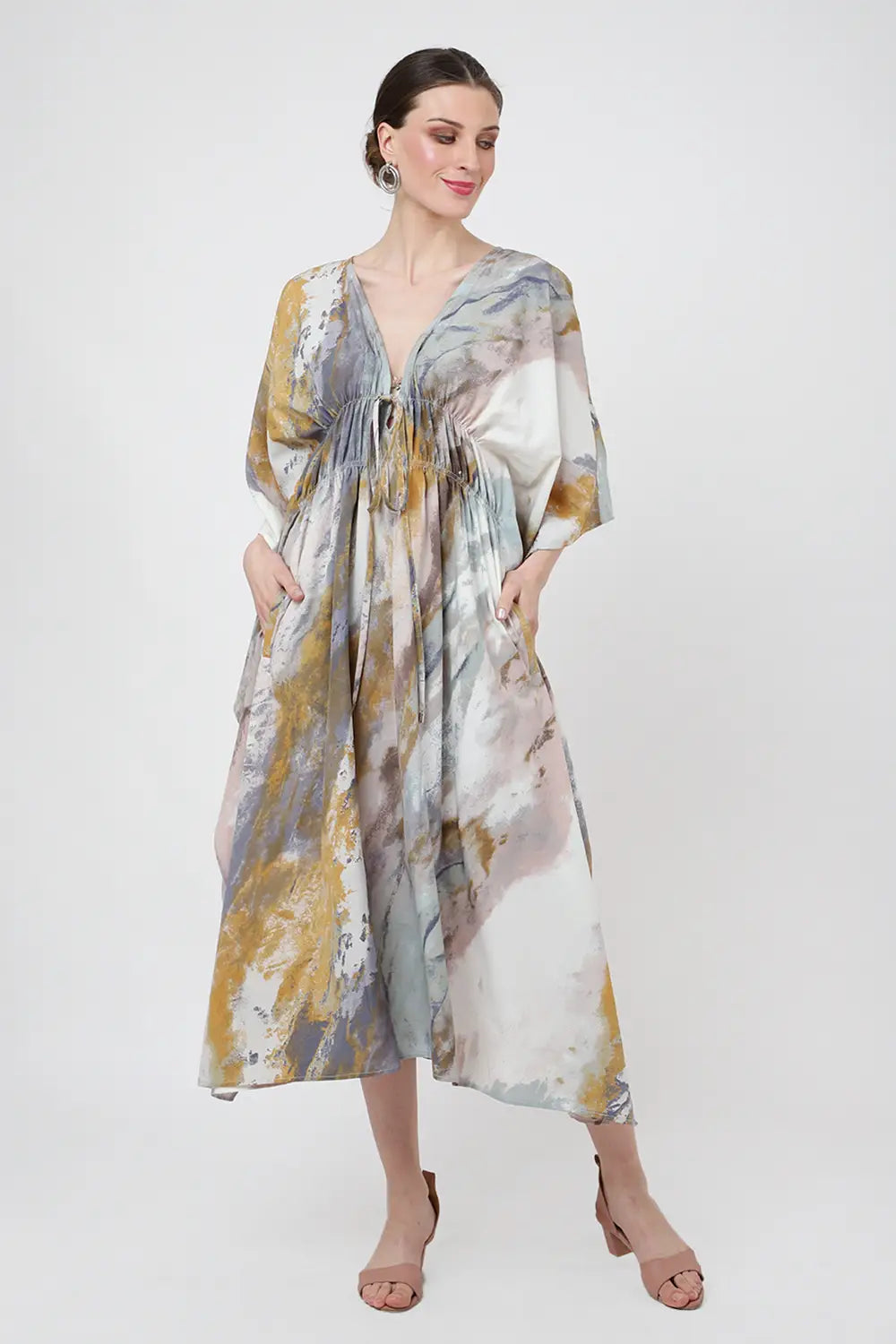 Paint Splatter Poly Crepe Kaftan Dress with Elasticated Waist & Pockets