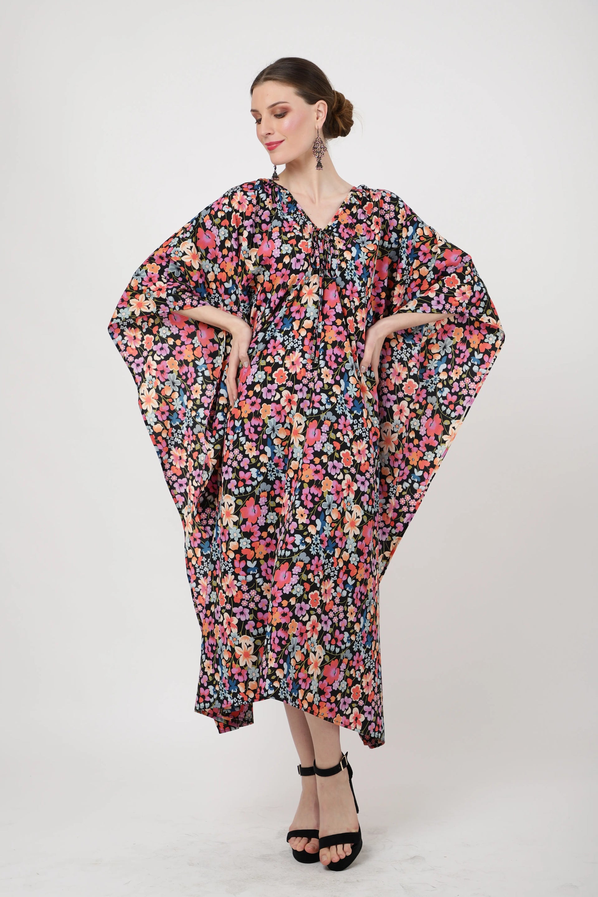 kaftan dresses for women v shaped neckline having gathers in the neckline with tie strings floral s to 3xl
