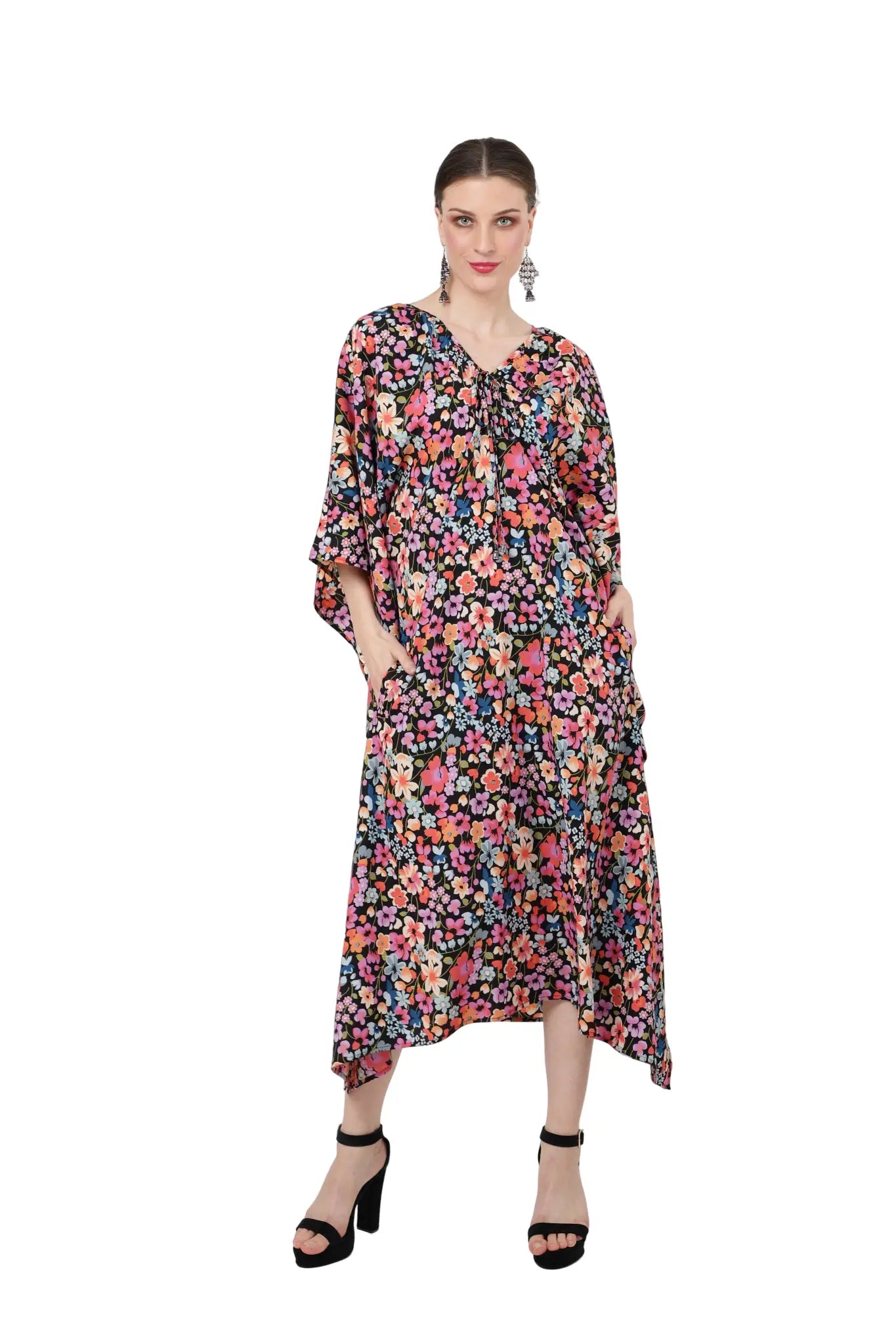 kaftan dresses for women v shaped neckline having gathers in the neckline with tie strings floral s to 3xl