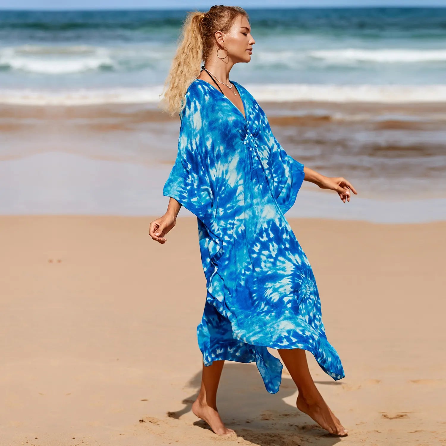 kaftan summer dresses braided v-neck indigo s-3xl