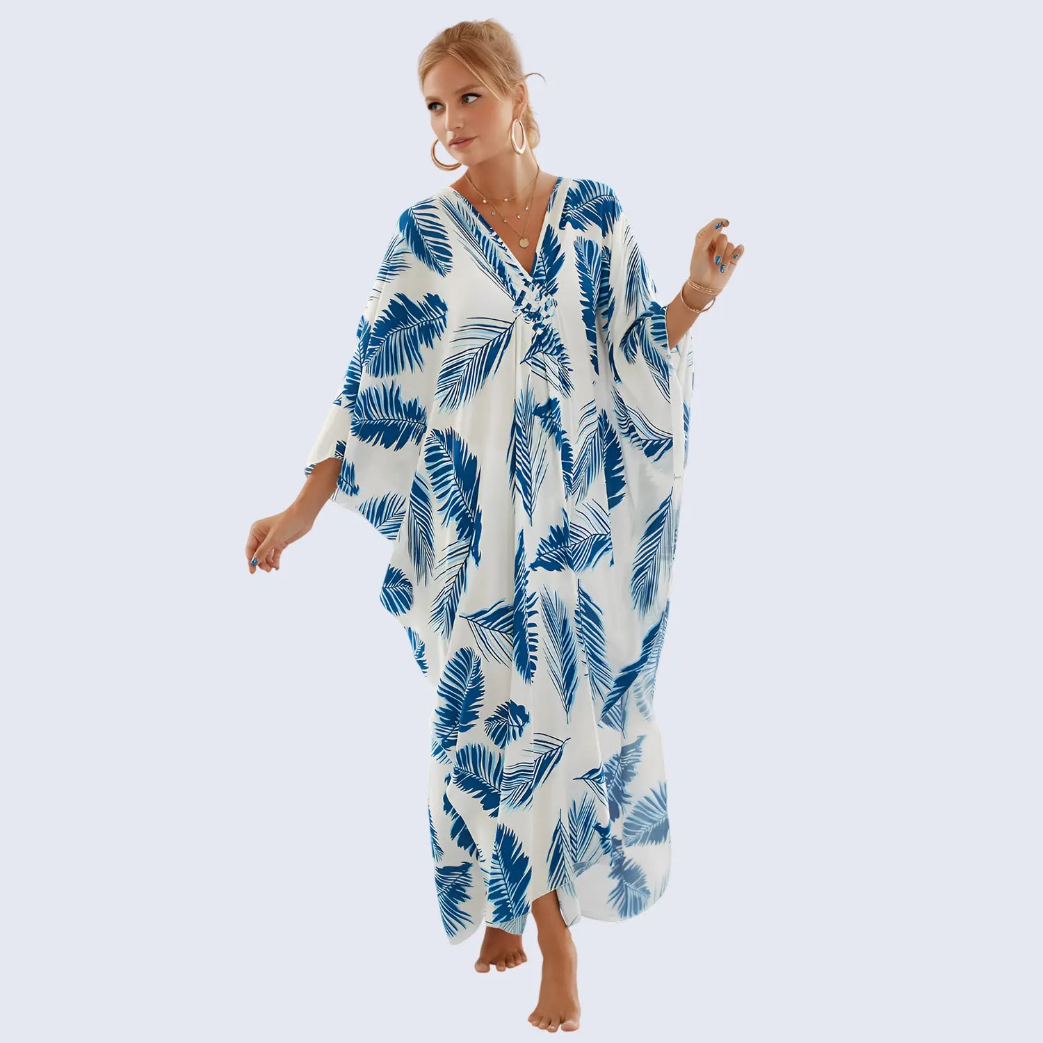 Feather Print Cotton Blend Kaftan Dress with V Neck