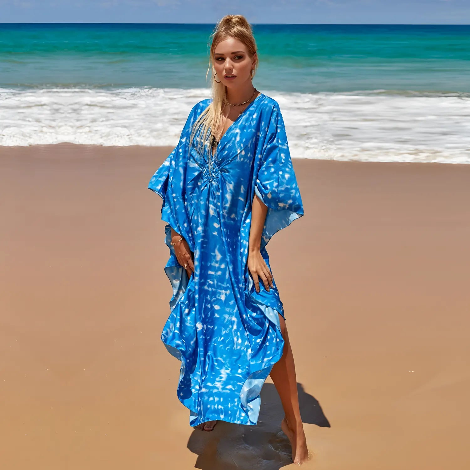 kaftan summer dresses braided v-neck blue s-3xl