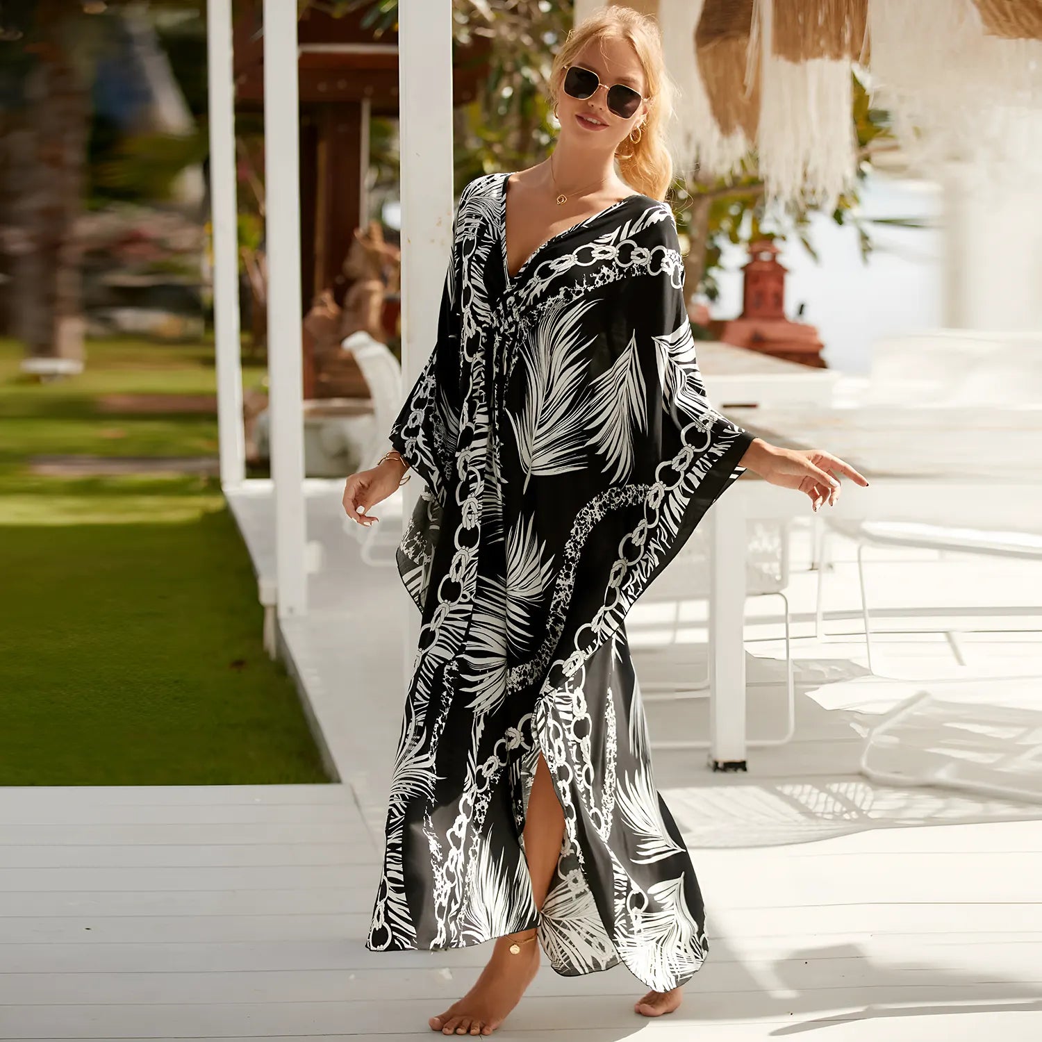 Kaftan Summer Dresses Braided V-Neck, Black-Palm, S-3XL