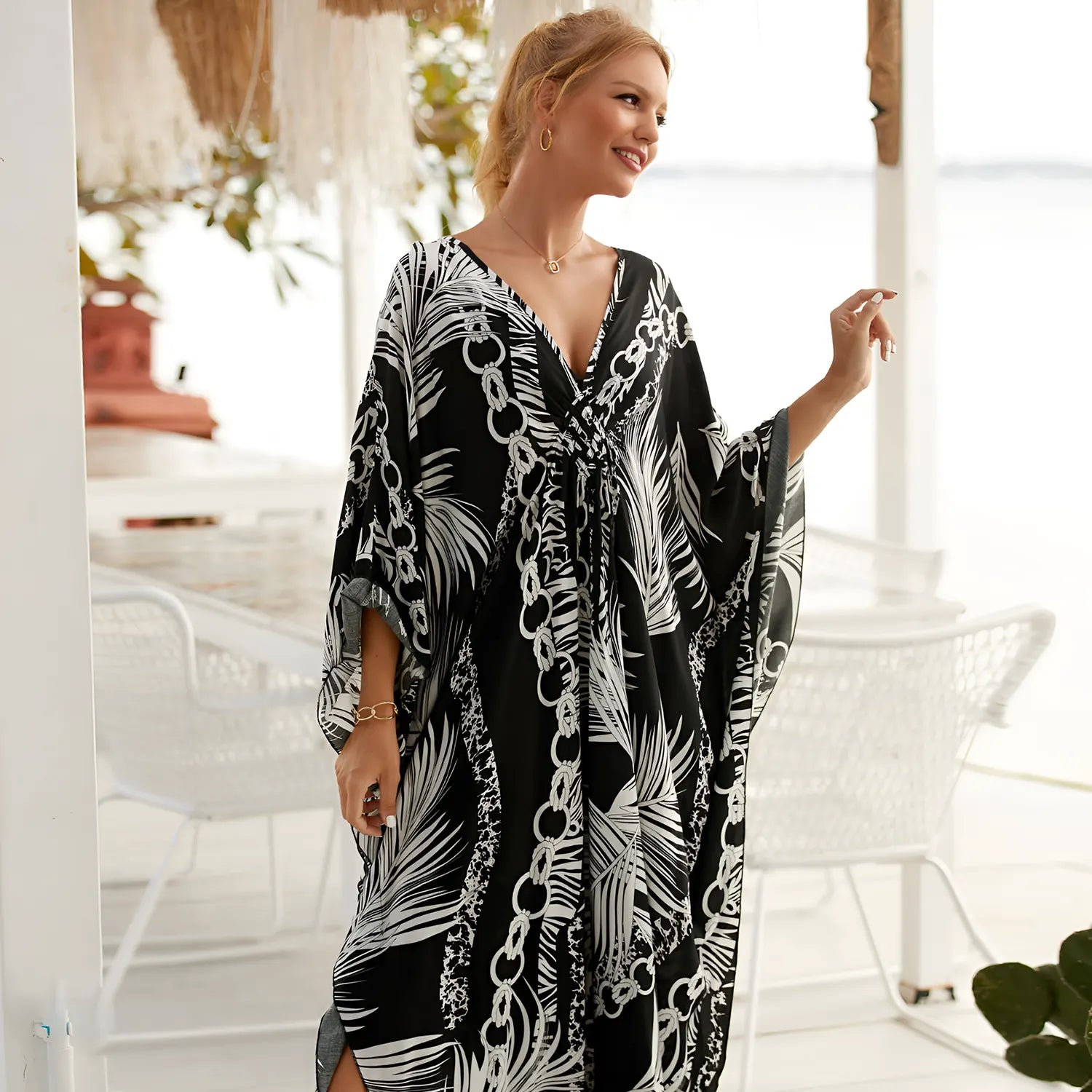 Kaftan Summer Dresses Braided V-Neck, Black-Palm, S-3XL