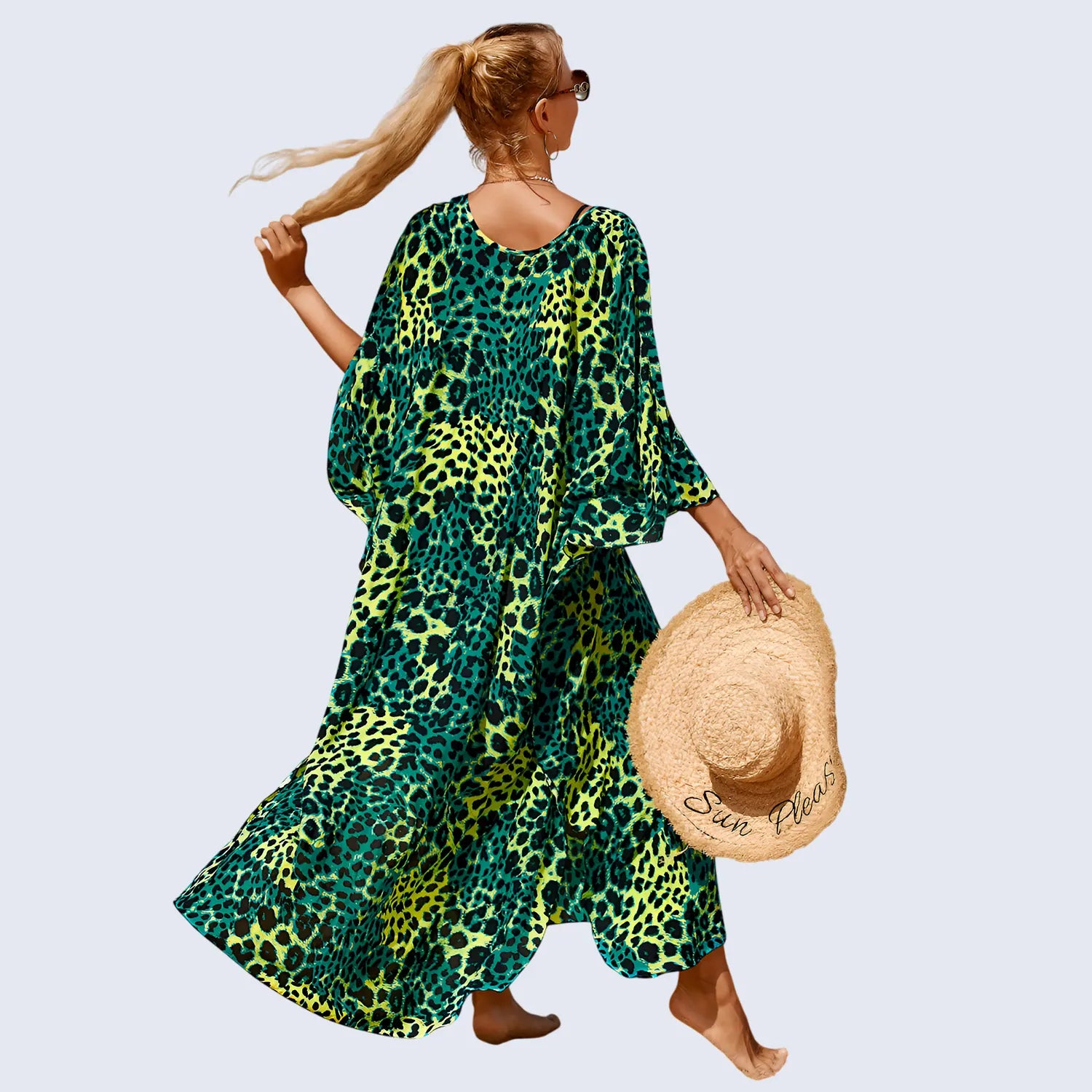 Kaftan Summer Dresses, Tassel Strings Waist,Green-Leopard, One Size