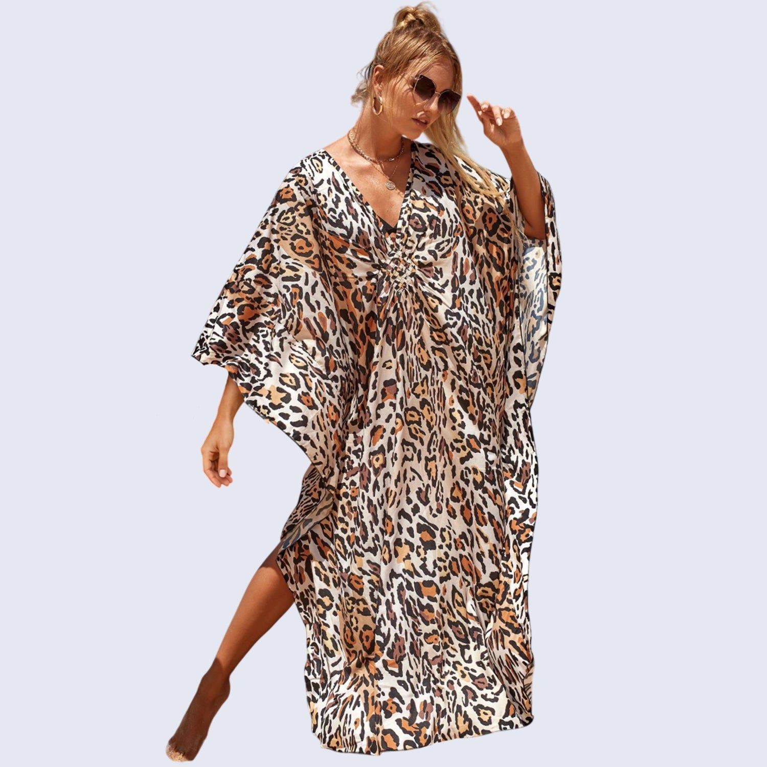 Animal Print Brown Black Cotton Blend Kaftan Dress, Free Size