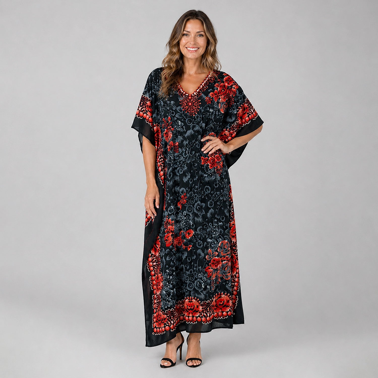 Floral Print Polyester Kaftan Dress with Pockets & Side Slits, 6 Colors, S-3XL