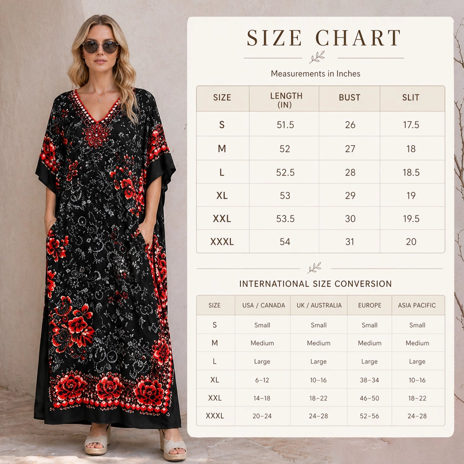 Floral Print Polyester Kaftan Dress with Pockets & Side Slits, 6 Colors, S-3XL