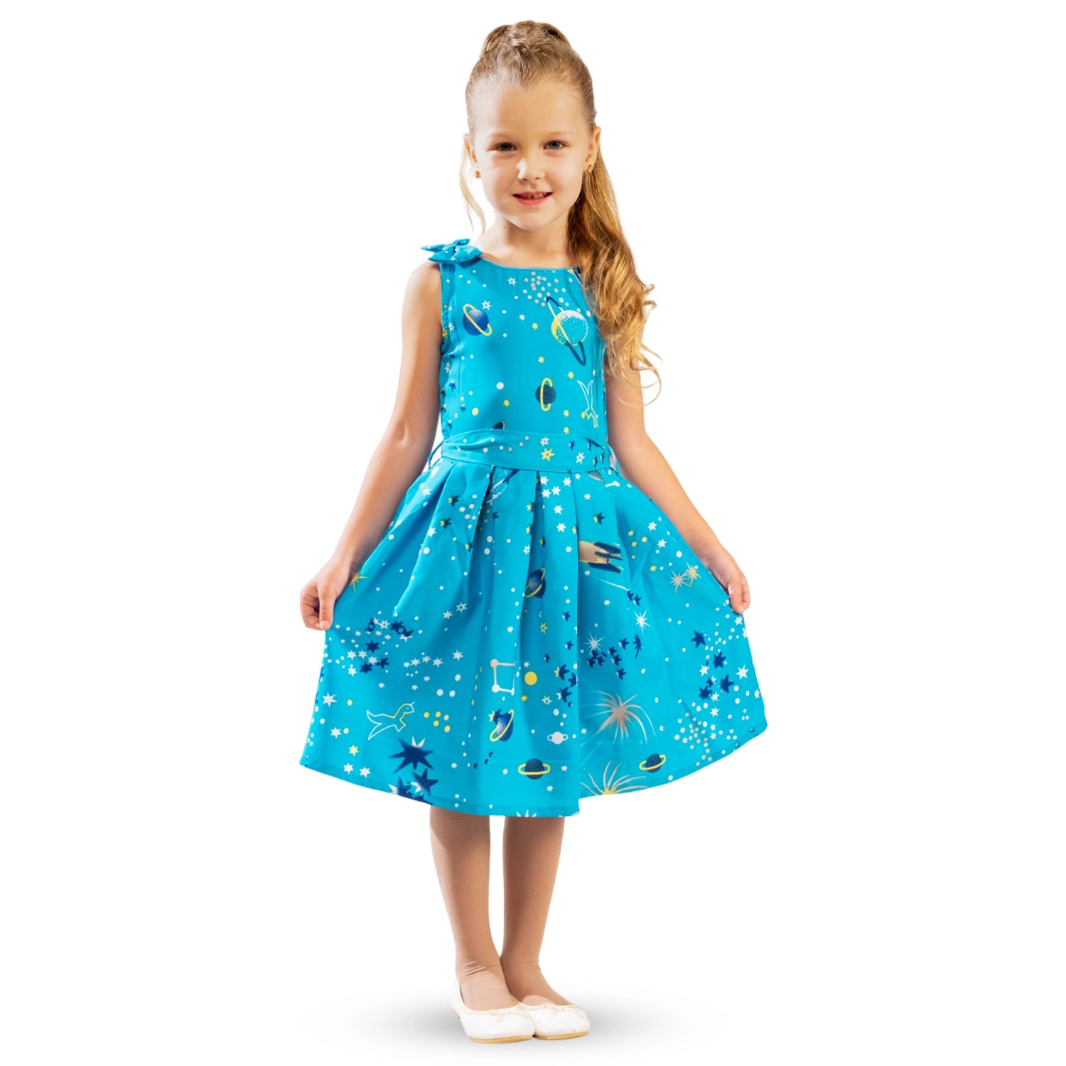 Girls Kids Vintage Style Shoulder Bow Dresses sizes from Galaxy Print - Available in 3 Colors