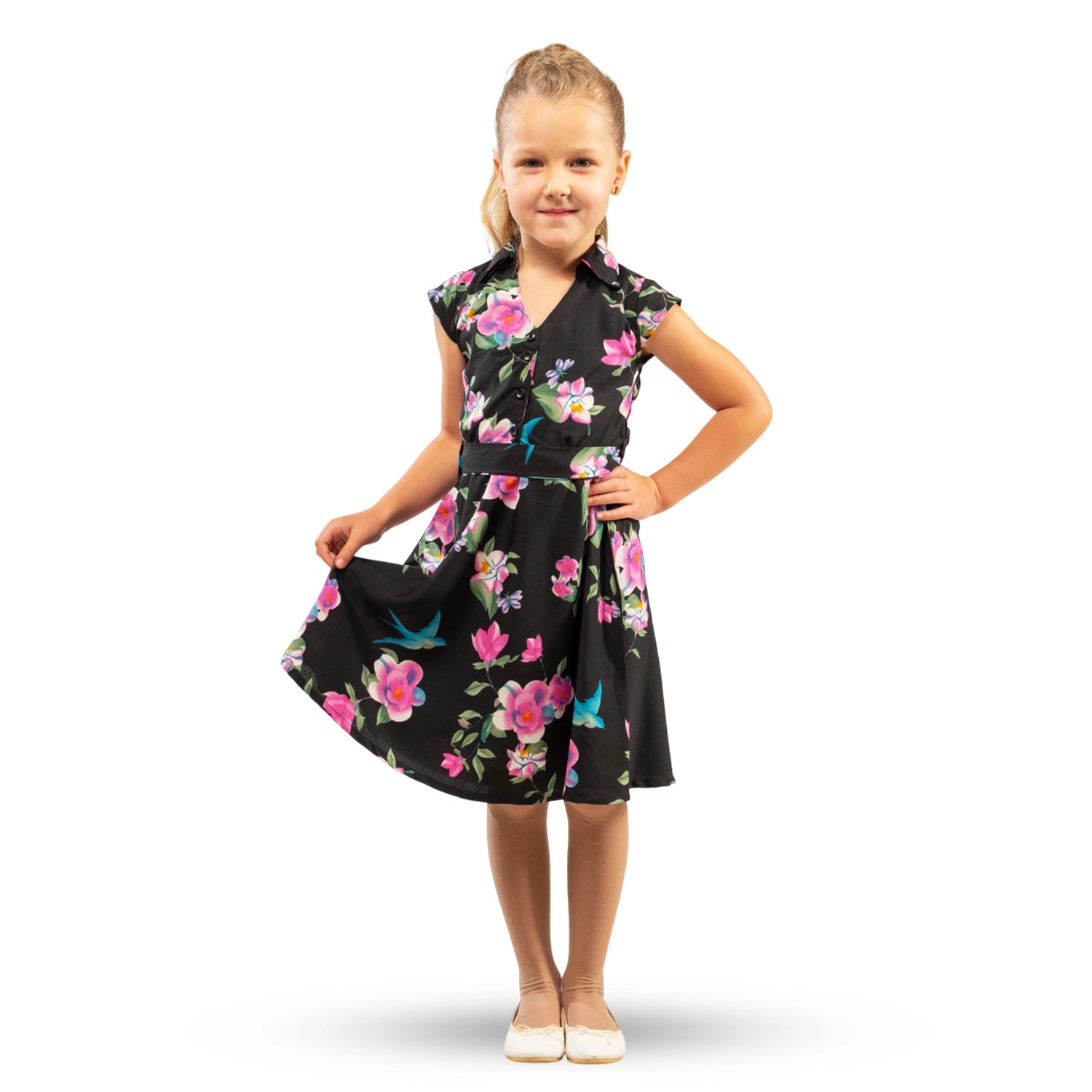 Girls Kids Vintage Style Collared Button down Dresses Floral Print - Available in 3 Colors