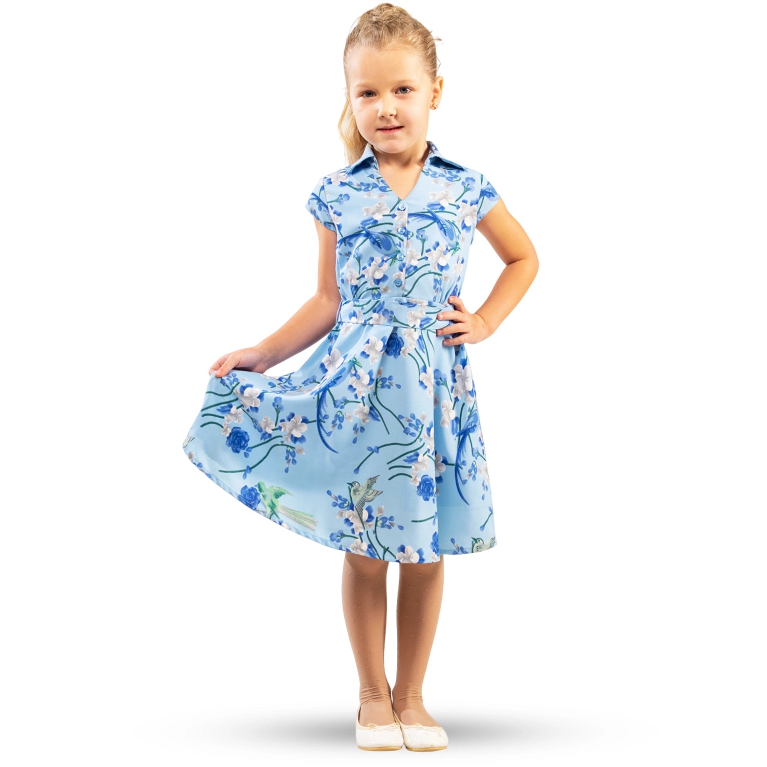 Girls Kids Vintage Style Collared Button down Dresses Bird Print - Available in 3 Colors