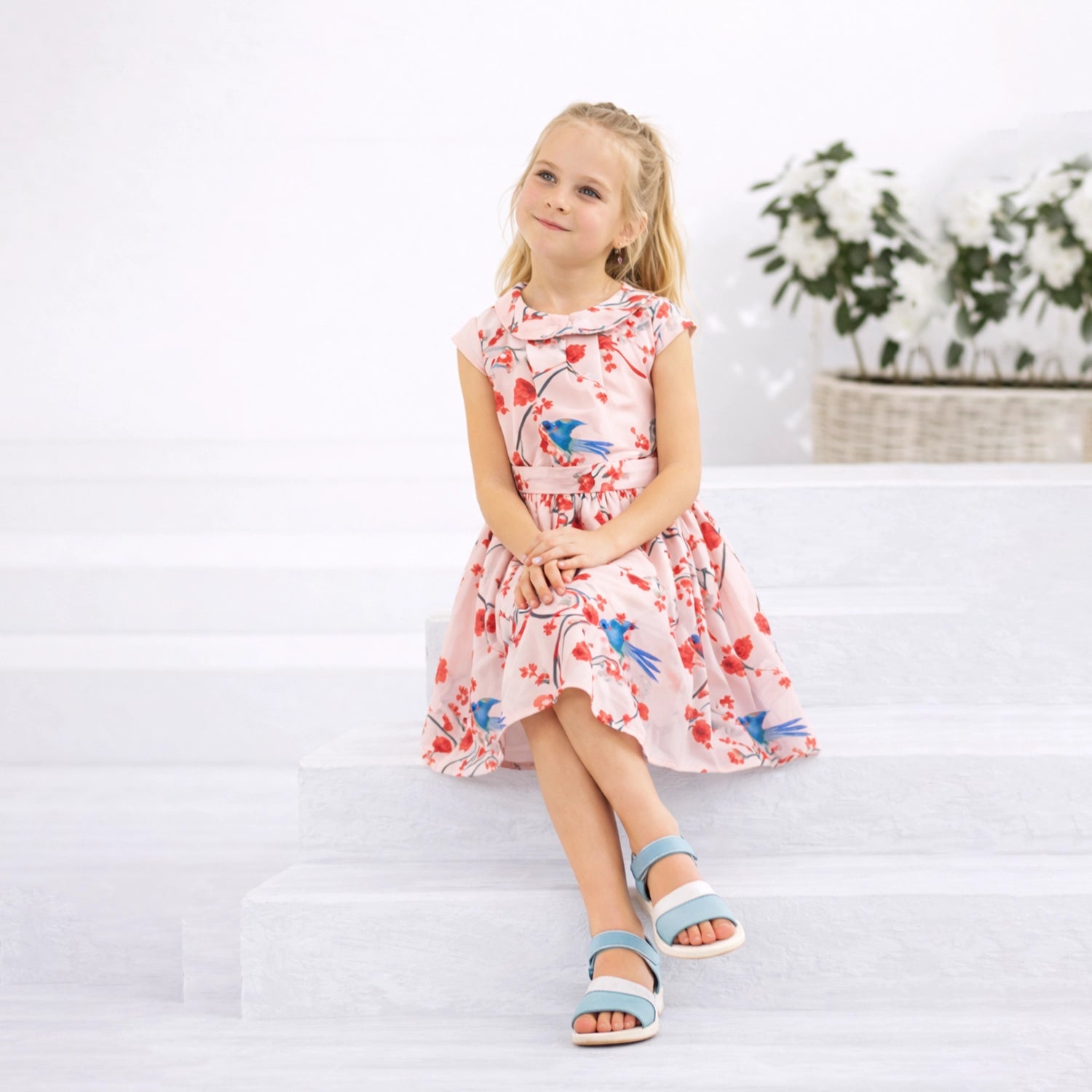 Girls Kids Vintage Style Peter Pan Collar Dresses Bird Print - Available in 3 Colors