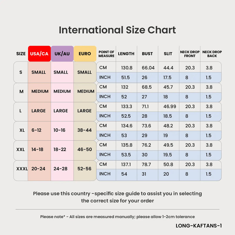Size Chart for kaftan summer dresses braided v-neck multicolor S to 3XL