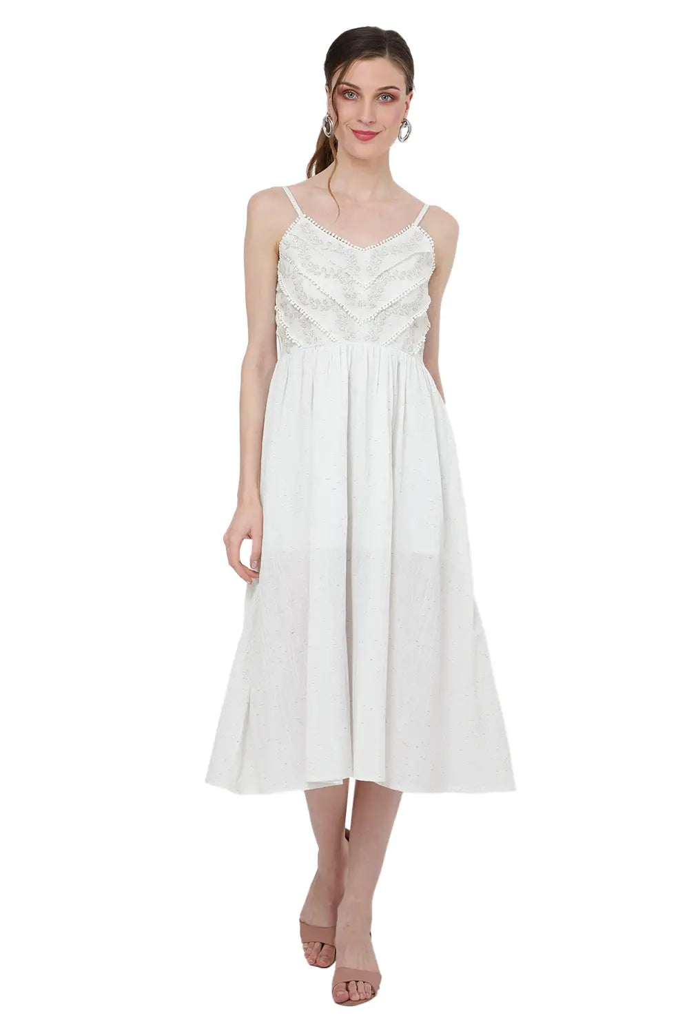Women's Casual Dresses Placement Embroidery, Lace Inserts And Zipper 115 Ivory White, S to 2XL