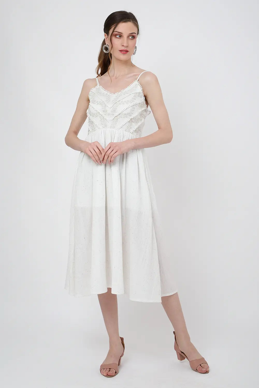 Women's Casual Dresses Placement Embroidery, Lace Inserts And Zipper 115 Ivory White, S to 2XL
