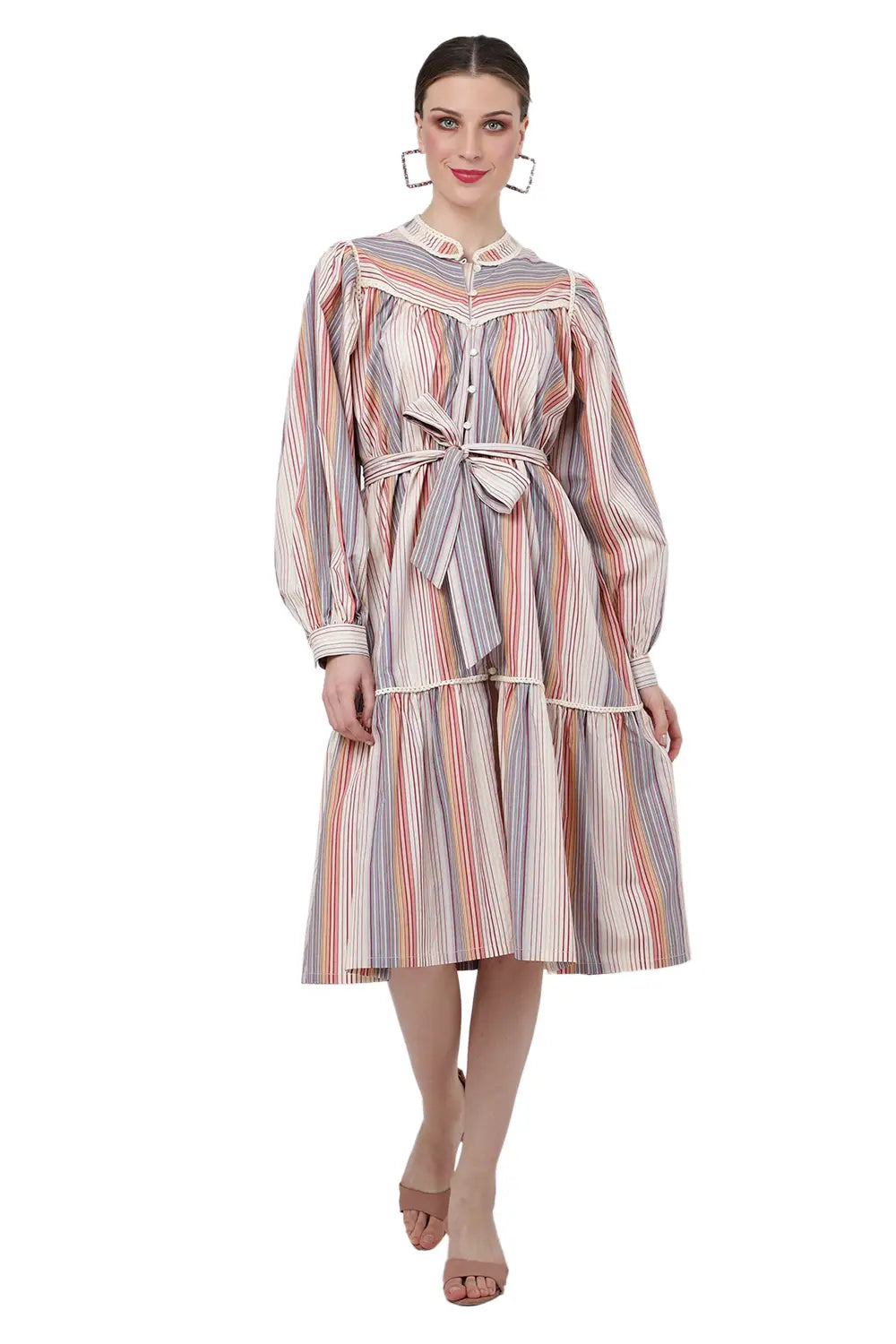Striped Midi Dress with Lace Inserts & Button Front  Ecru, XS to 3XL
