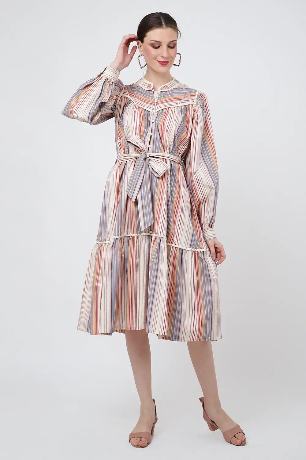 Striped Midi Dress with Lace Inserts & Button Front  Ecru, XS to 3XL