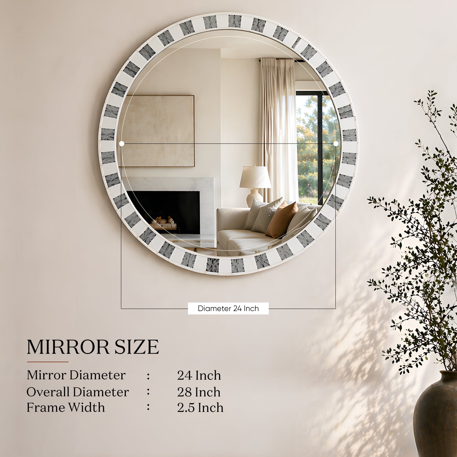 Round Bone Inlay Mirror 24 Inch Grey Accent Frame