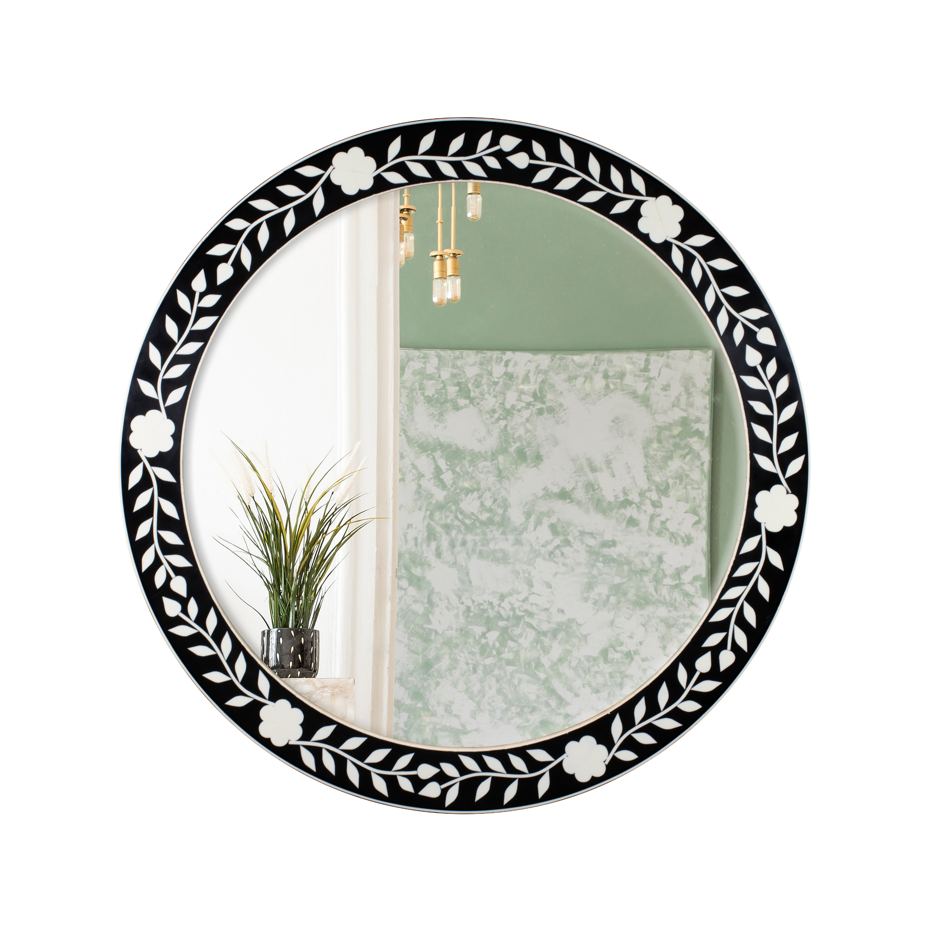 Round Wall Mirror Chaucer Queen Collection Bone Inlay, White & Black Floral, 28"x 28"