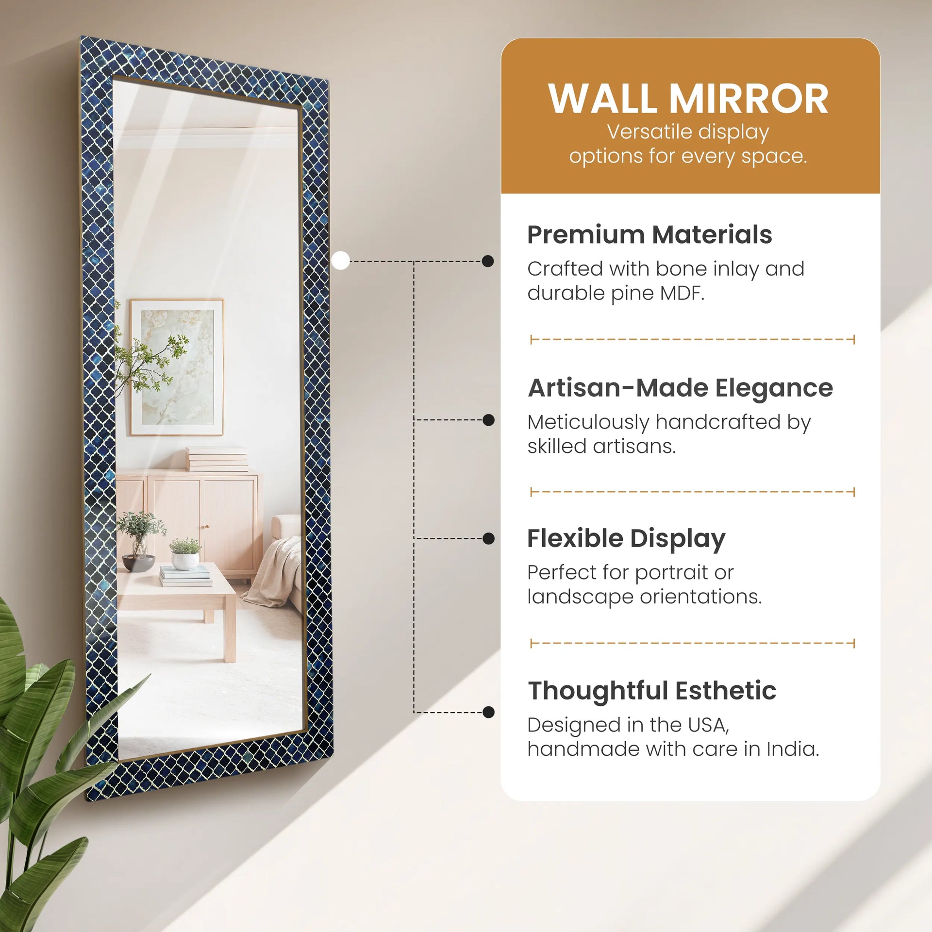 make to order blue white moroccan pattern rectangular mirror with bone resin inlay collection 60x22 inches