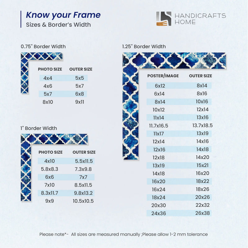 Size Chart for Poster Frames Moroccan Pattern Bone & Resin inlay collection, Blue ,4 Sizes