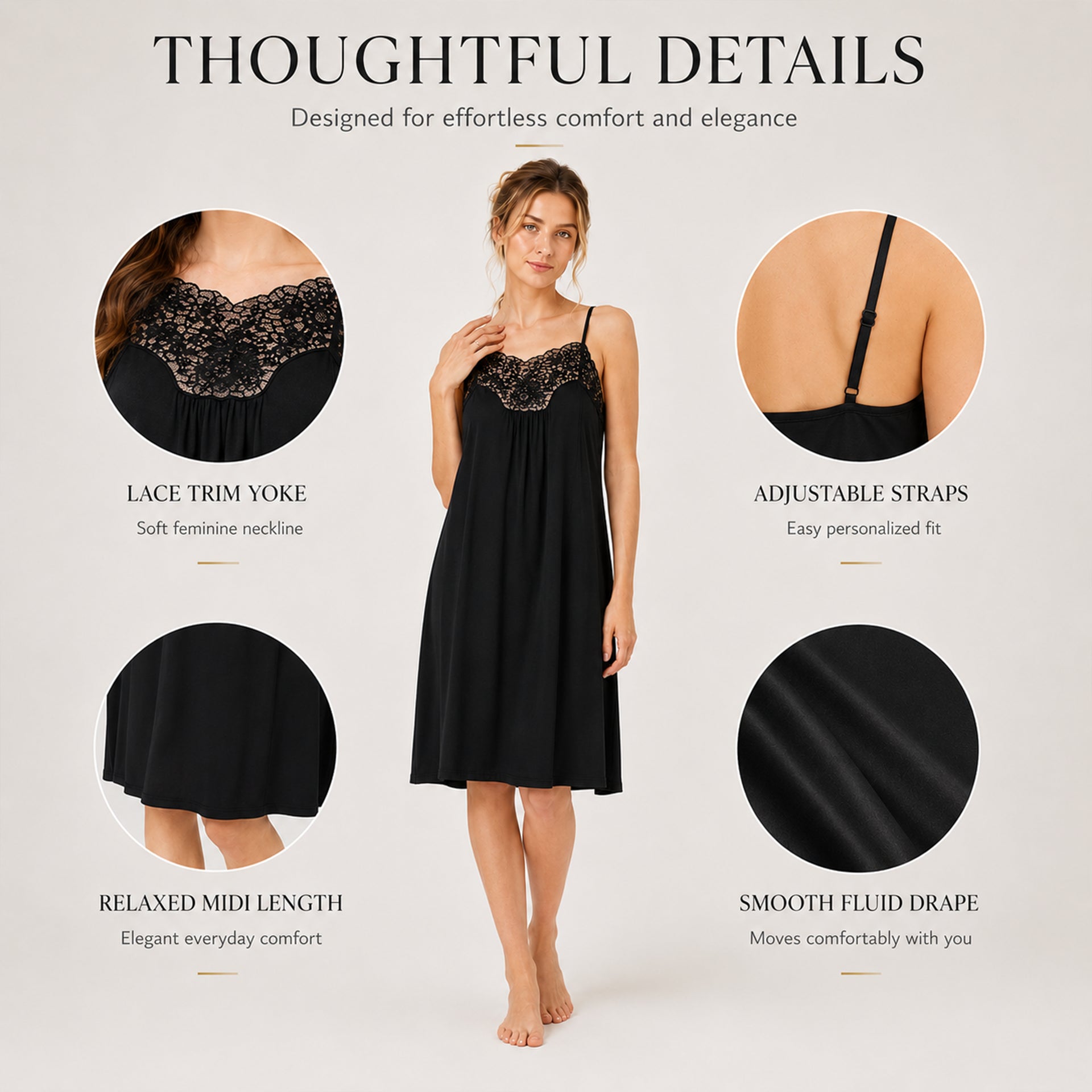 Nightdress for Women V-Neck Pullover Short Nightgowns Black S to 3XL