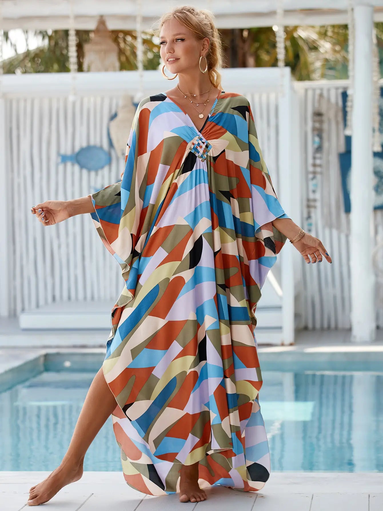 kaftan summer dresses braided v neck brown abstract s 3xl