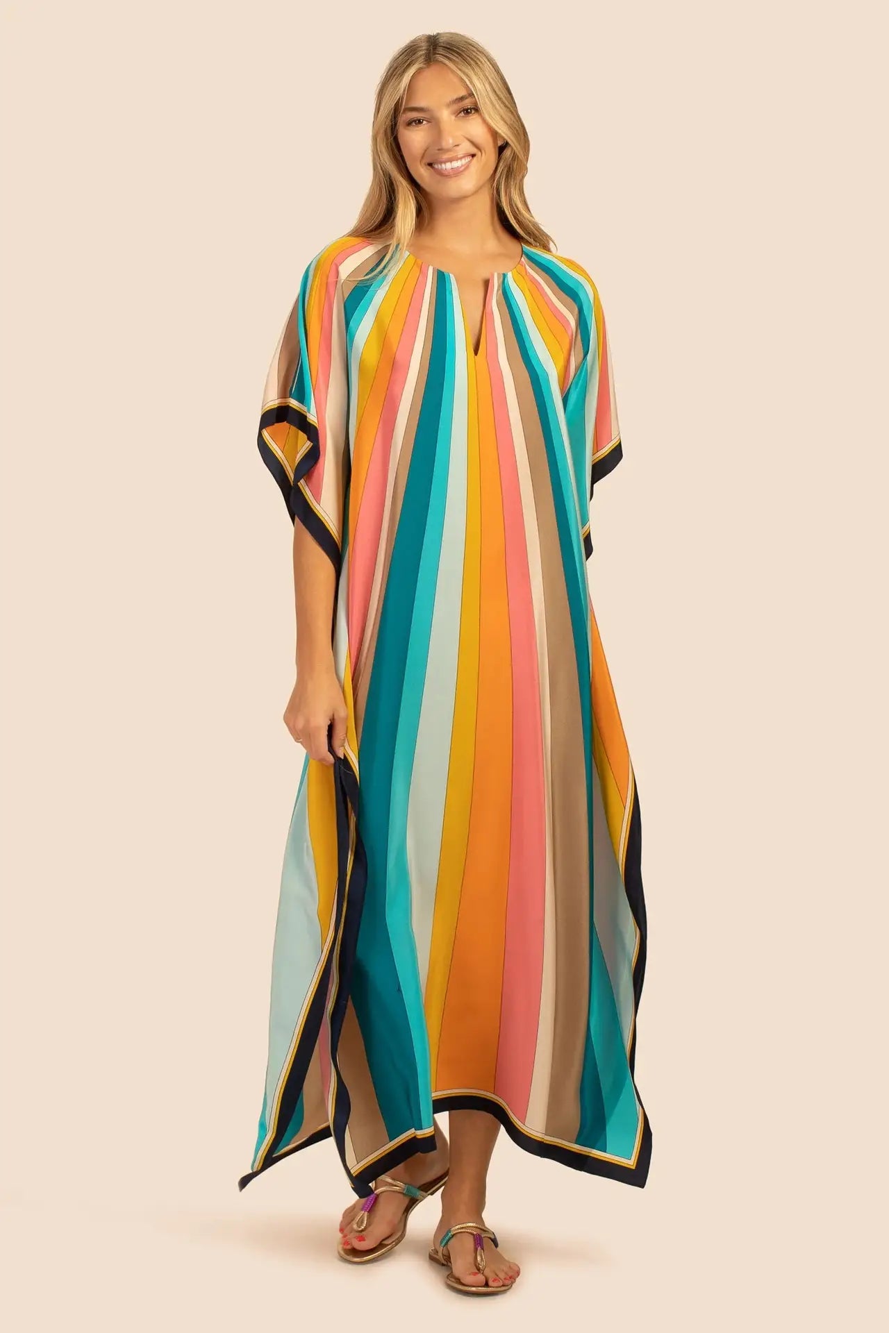 kaftan summer dresses split neckline multicolor stripes S to 3XL