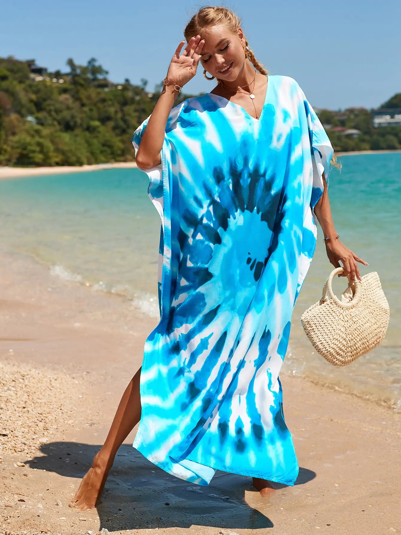 kaftan summer dresses tie dye in blue s to 3xl