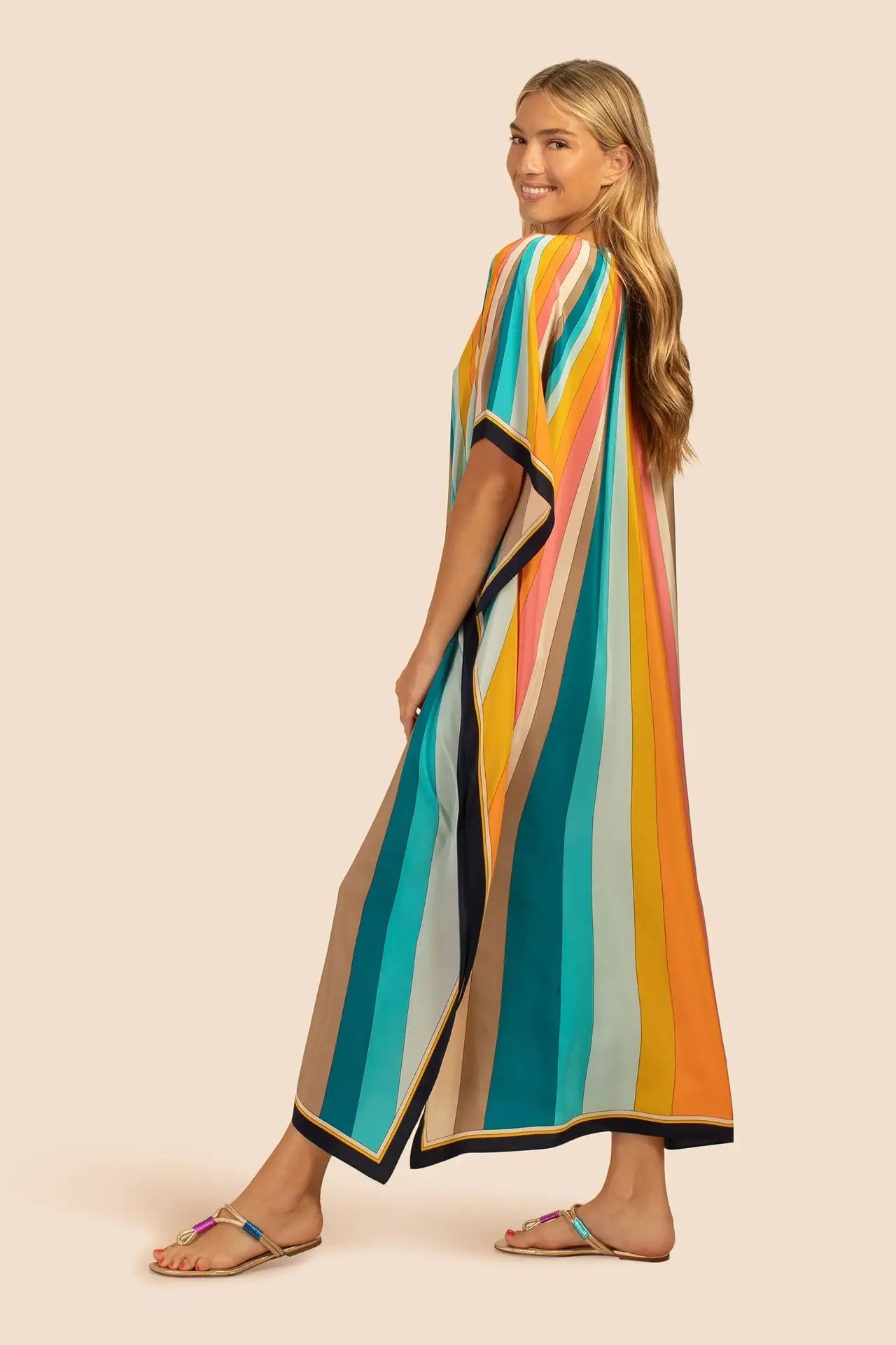 kaftan summer dresses split neckline multicolor stripes S to 3XL