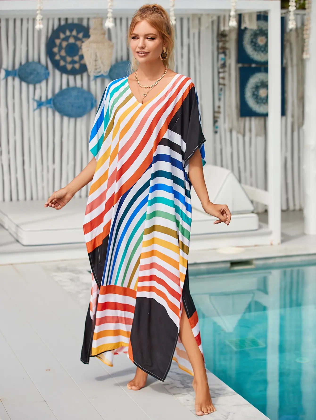 tropical kaftan summer dresses multicolor stripes s 3xl