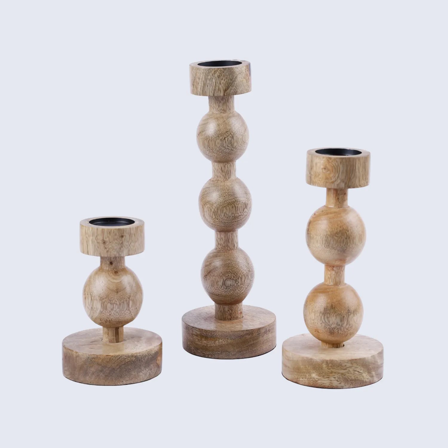 wooden pillar candle holders set of 3 brown ball stand style